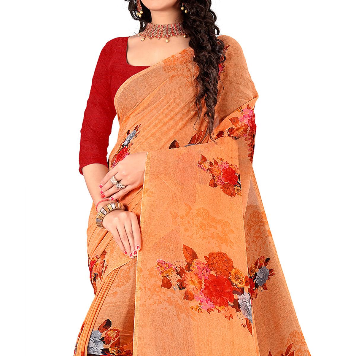 Peach Casual Wear Floral Digital Printed Heavy Georgette Saree - Peachmode