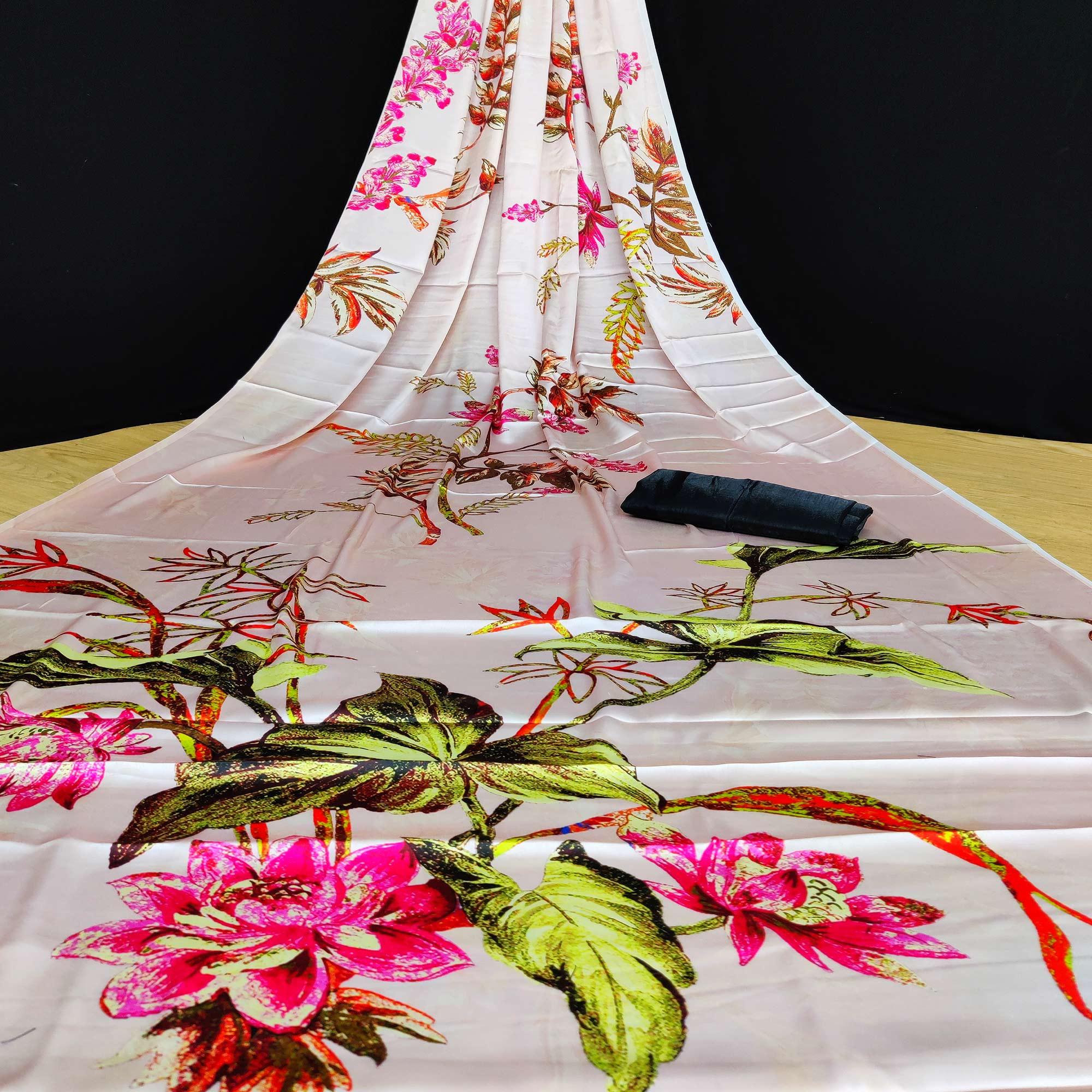 Peach Casual Wear Floral Digital Printed Satin Saree - Peachmode