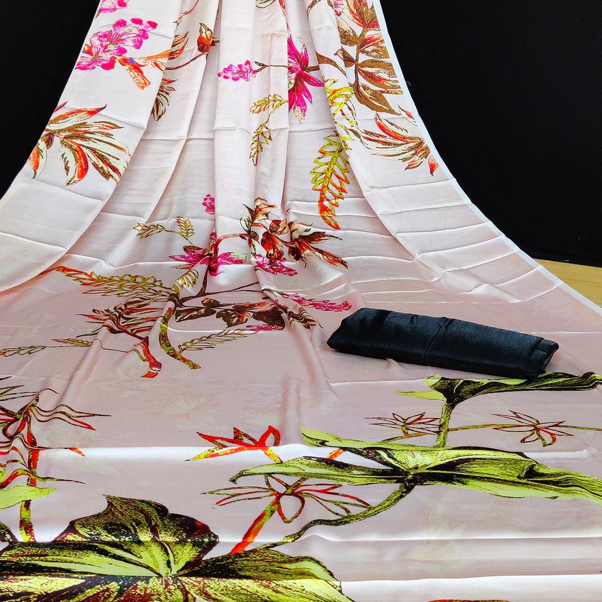 Peach Casual Wear Floral Digital Printed Satin Saree - Peachmode