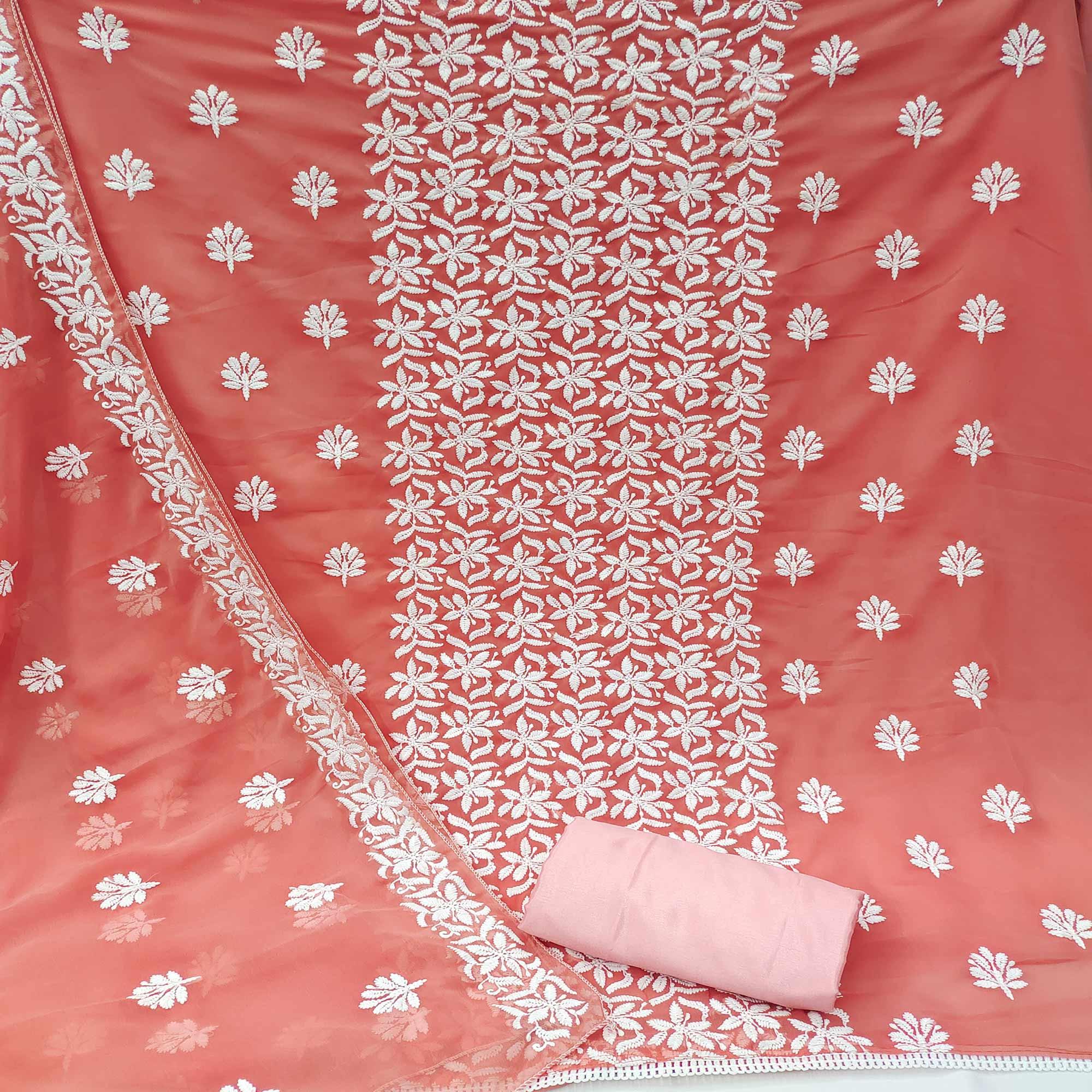 Peach Casual Wear Floral Embroidered Georgette Dress Material - Peachmode
