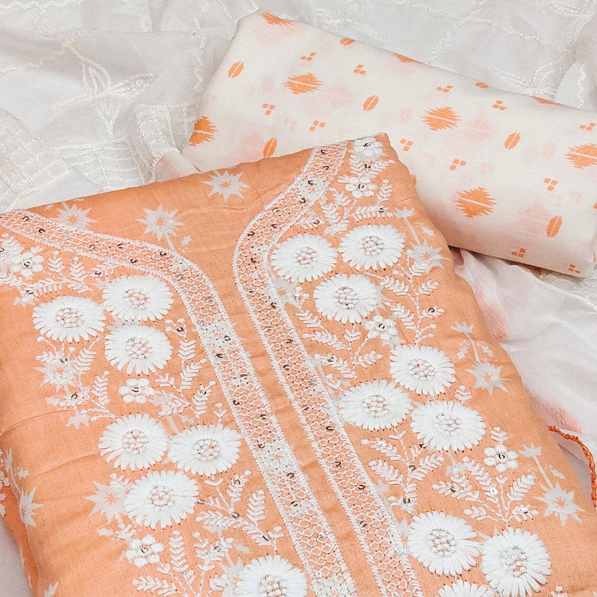 Peach Casual Wear Floral Embroidered With Print Cotton Dress Material - Peachmode