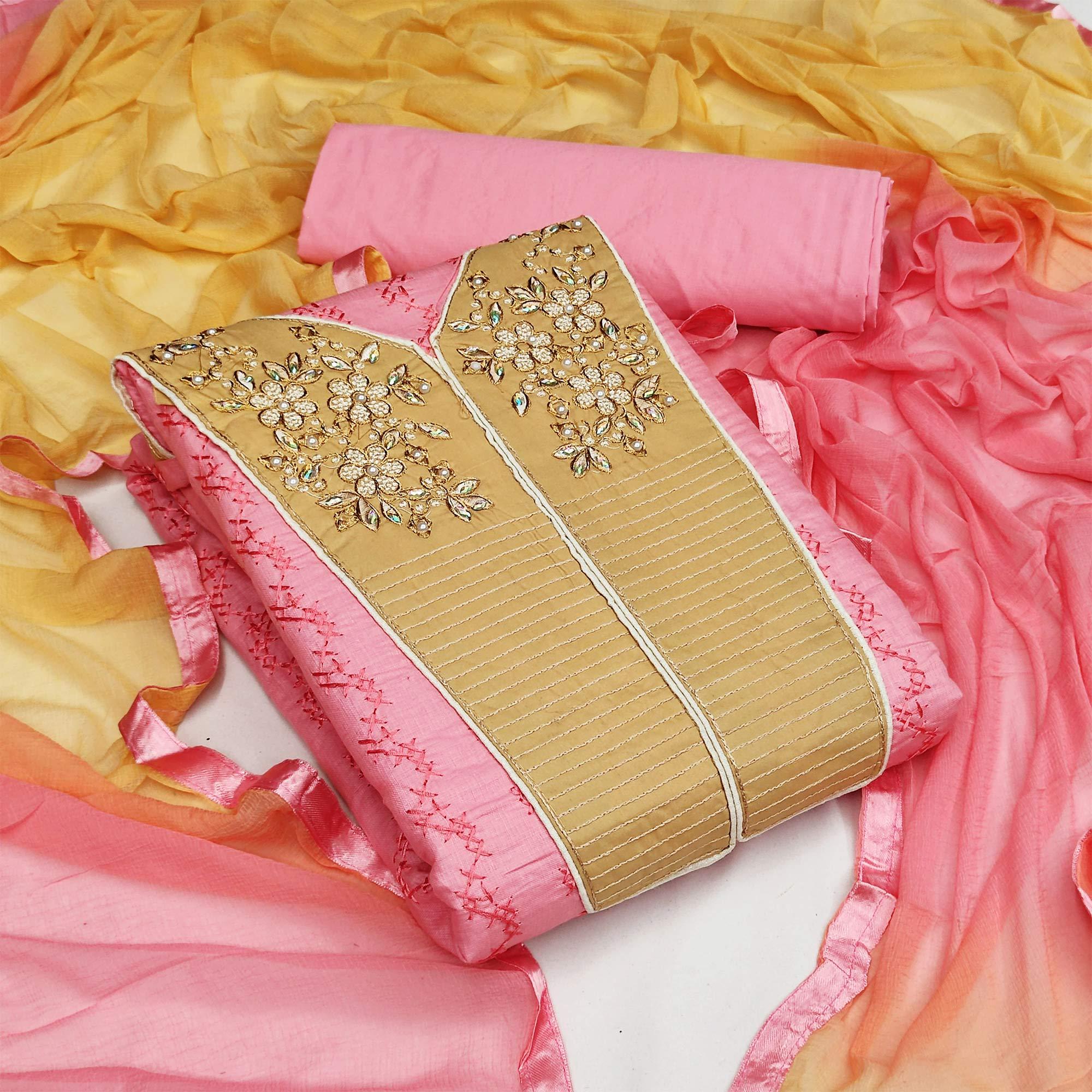 Peach Casual Wear Floral Embroidered Work Cotton Dress Material - Peachmode