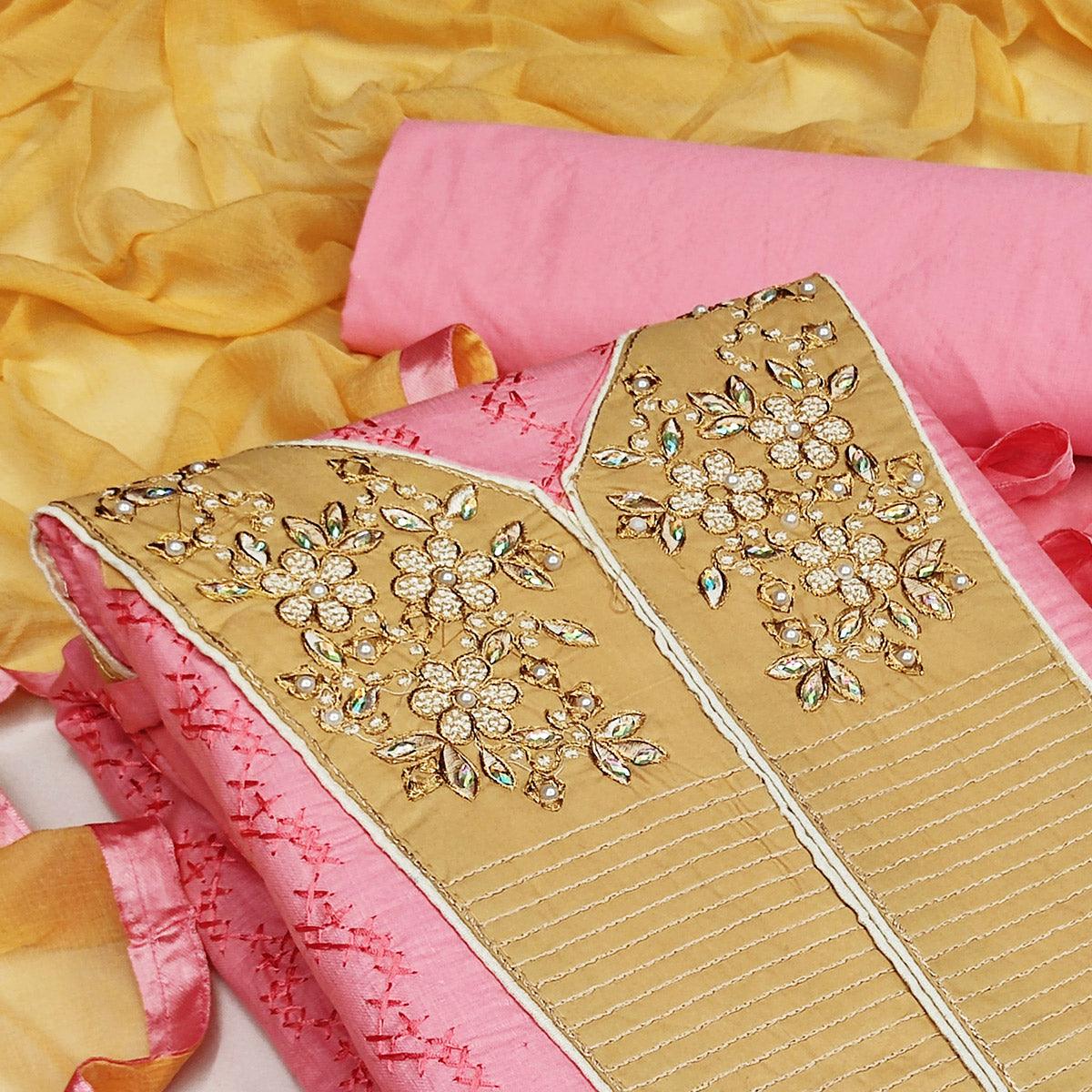 Peach Casual Wear Floral Embroidered Work Cotton Dress Material - Peachmode