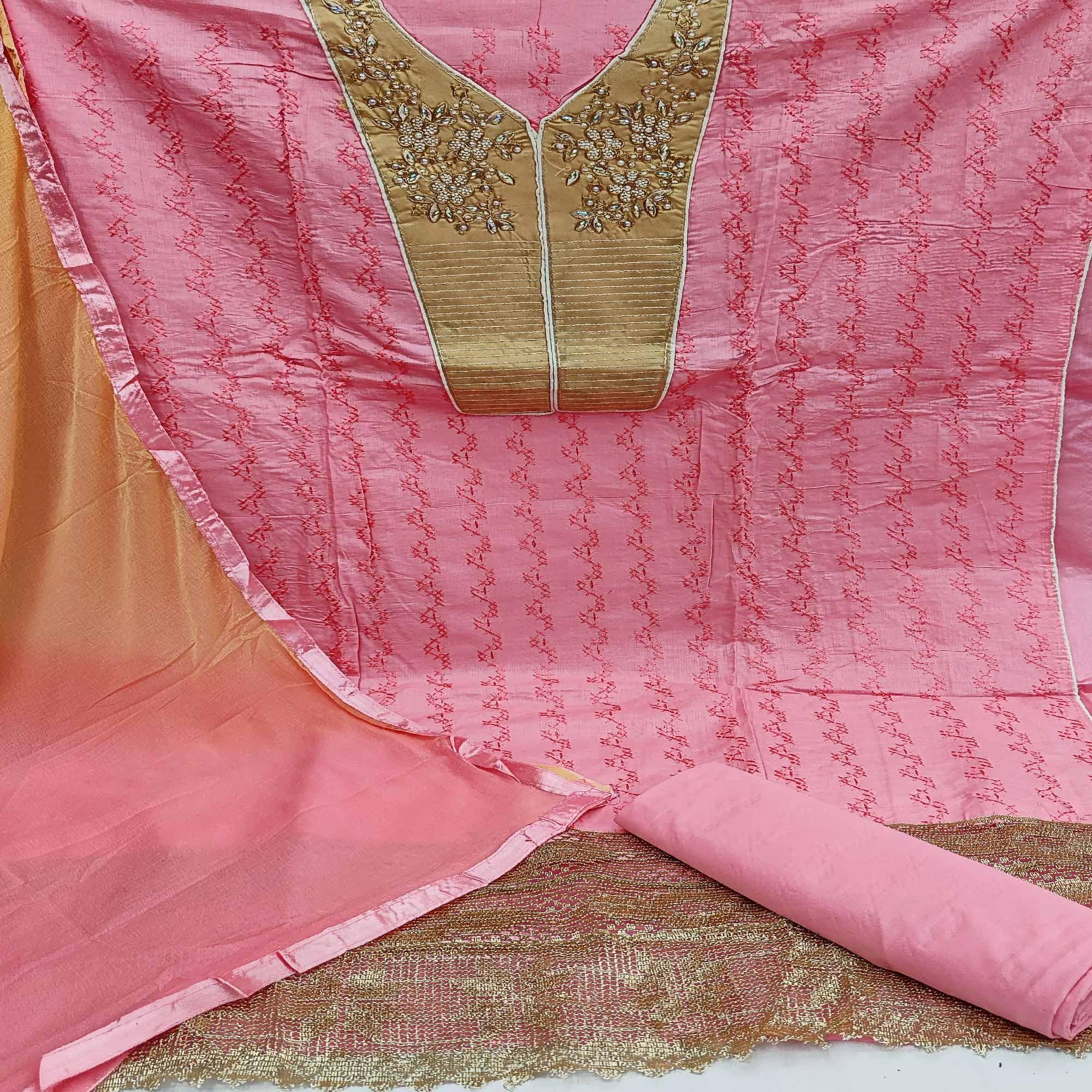 Peach Casual Wear Floral Embroidered Work Cotton Dress Material - Peachmode