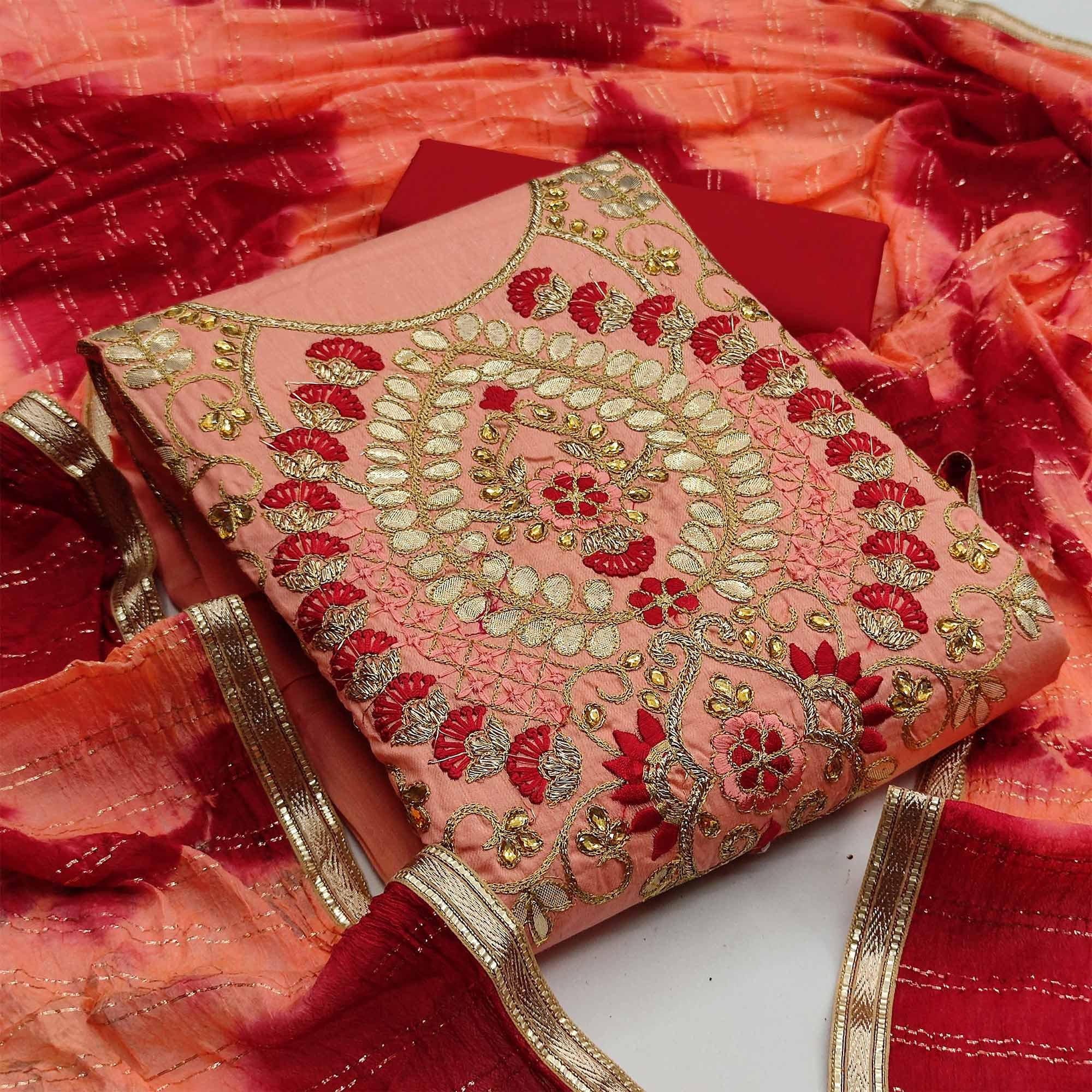 Peach Casual Wear Floral Embroidery With Hand Work Cotton Dress Material - Peachmode