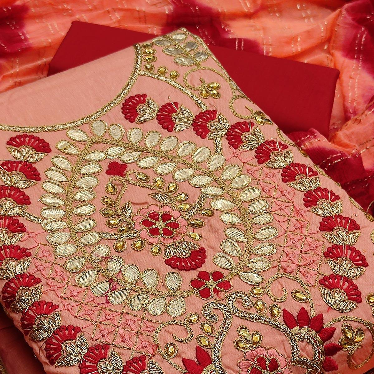Peach Casual Wear Floral Embroidery With Hand Work Cotton Dress Material - Peachmode