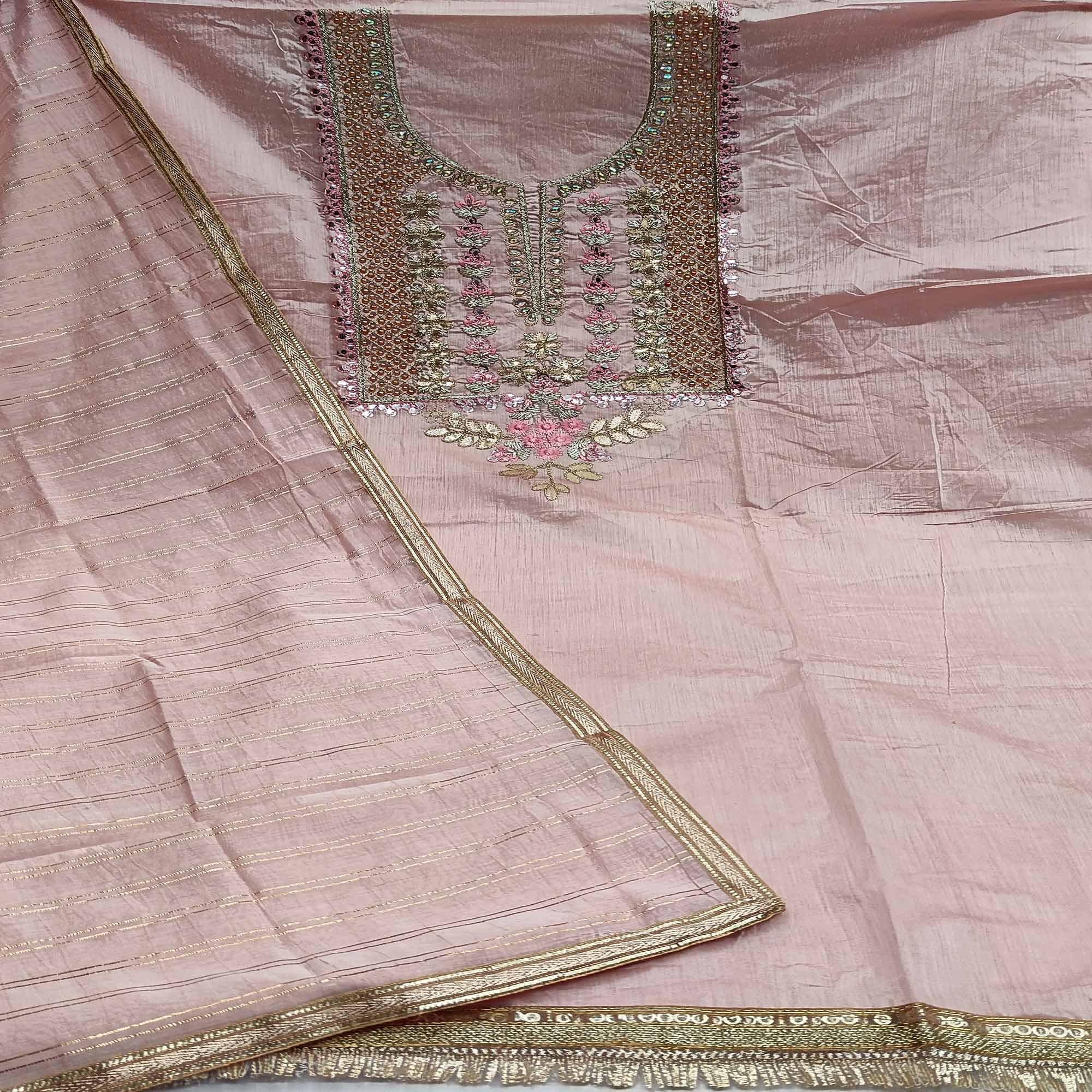 Peach Casual Wear Floral Embroidery With Hand Work Modal Chanderi Dress Material - Peachmode