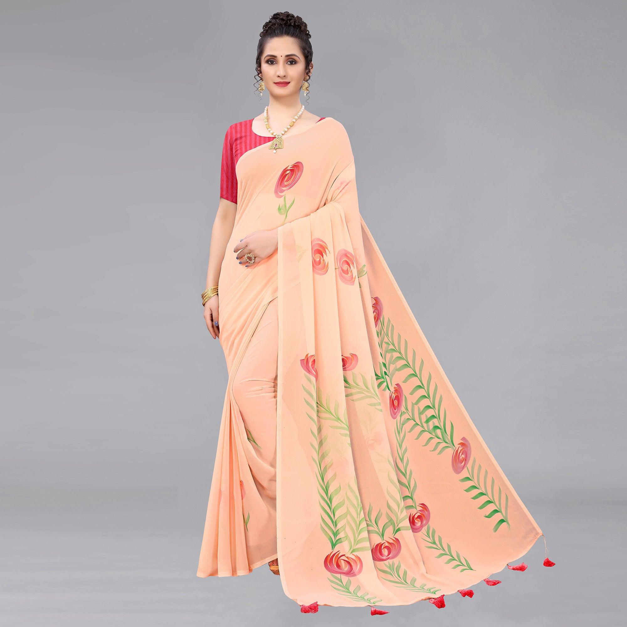 Peach Casual Wear Floral Hand Printed Georgette Saree - Peachmode