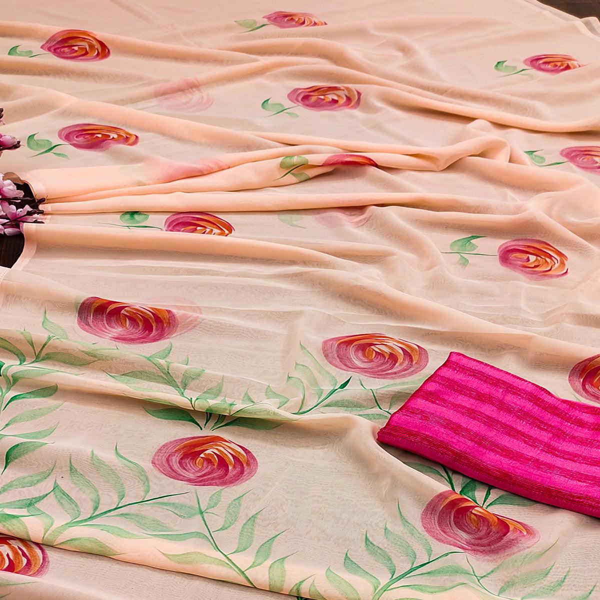 Peach Casual Wear Floral Hand Printed Georgette Saree - Peachmode