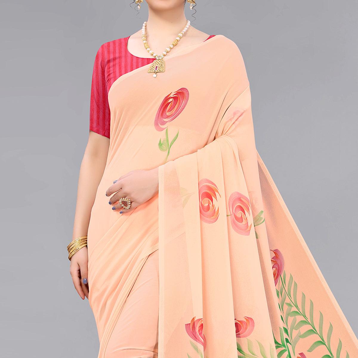 Peach Casual Wear Floral Hand Printed Georgette Saree - Peachmode