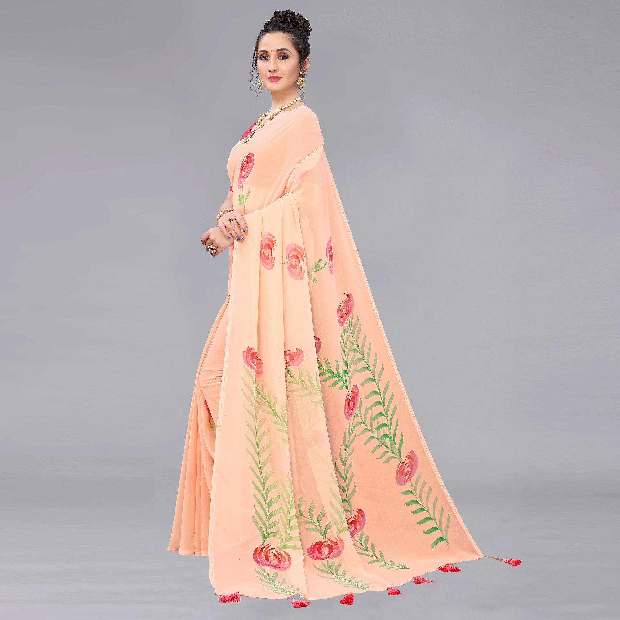 Peach Casual Wear Floral Hand Printed Georgette Saree - Peachmode