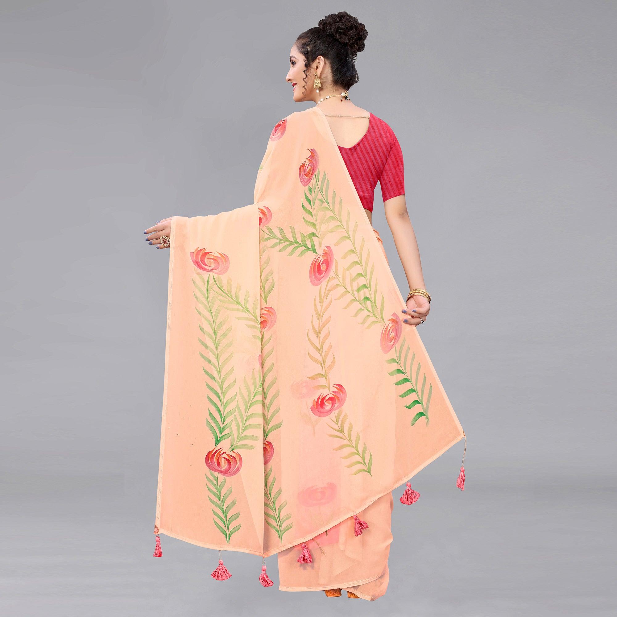 Peach Casual Wear Floral Hand Printed Georgette Saree - Peachmode
