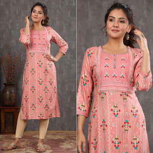 Peach Casual Wear Floral Print With Sequence Rayon Kurti - Peachmode