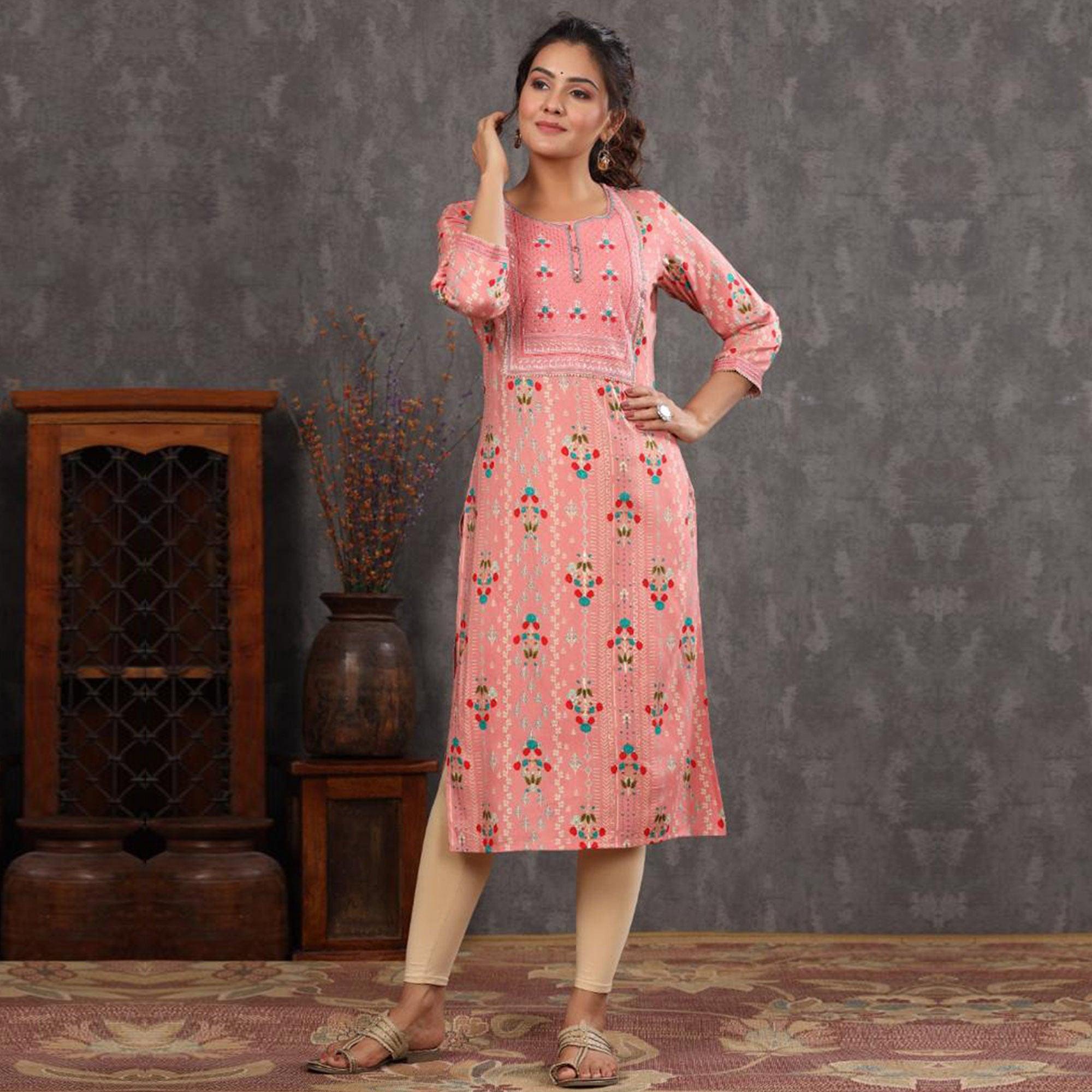 Peach Casual Wear Floral Print With Sequence Rayon Kurti - Peachmode