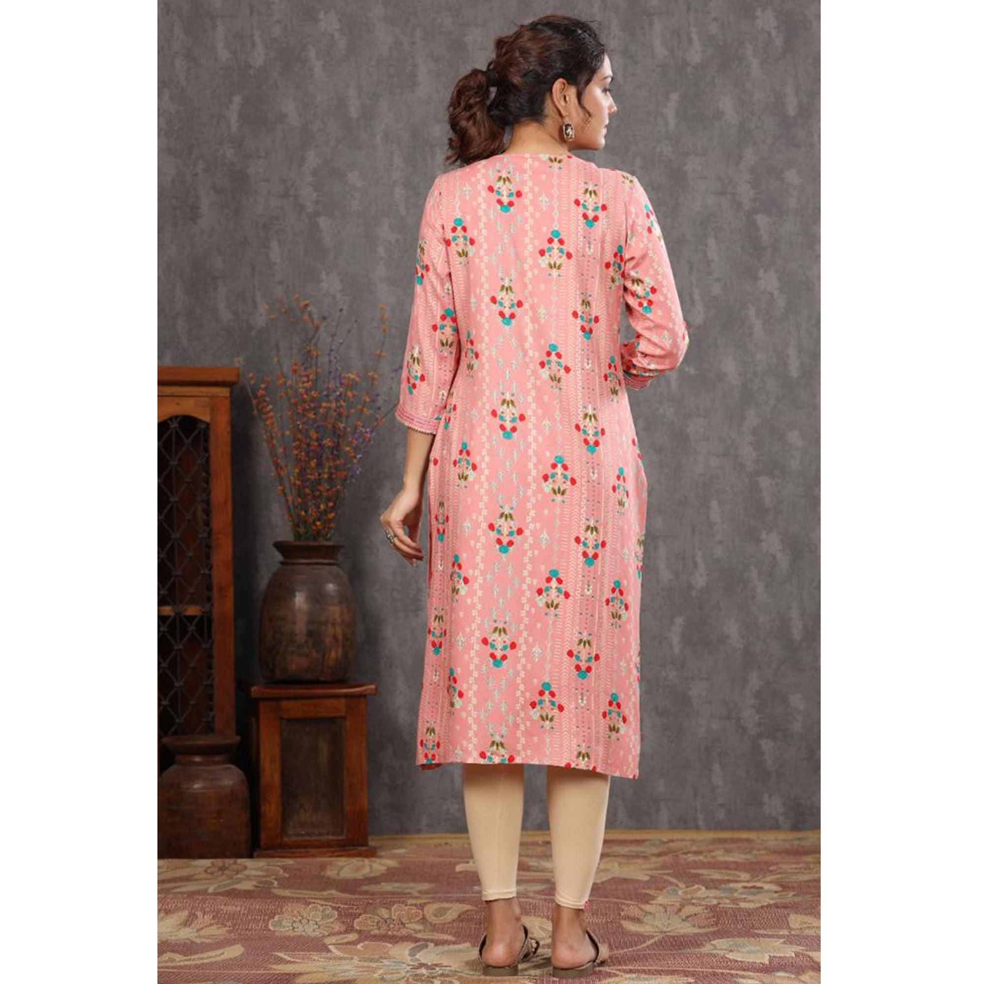 Peach Casual Wear Floral Print With Sequence Rayon Kurti - Peachmode