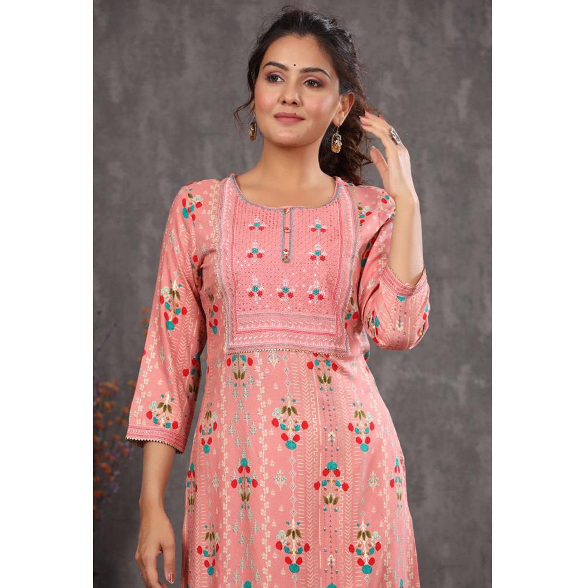 Peach Casual Wear Floral Print With Sequence Rayon Kurti - Peachmode