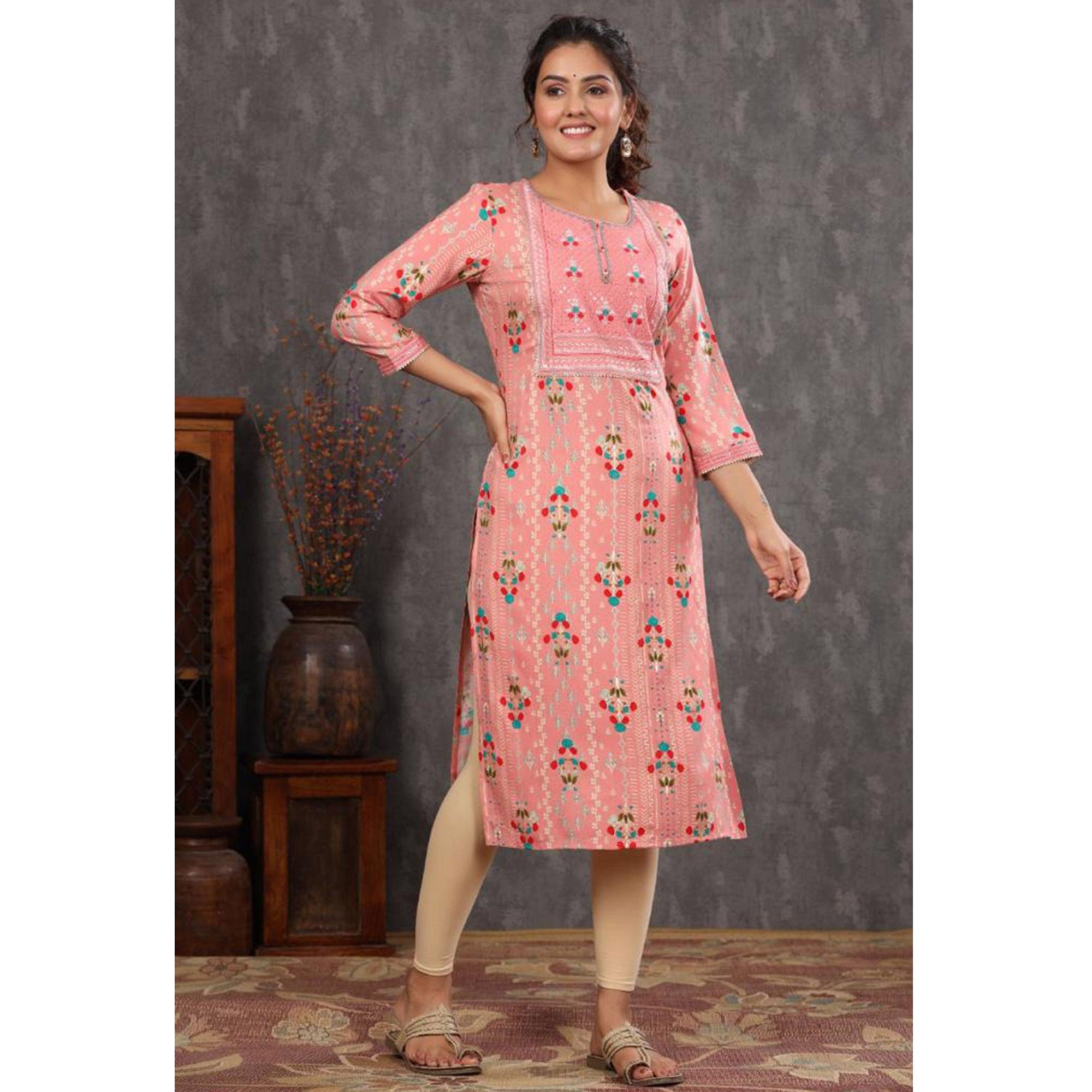 Peach Casual Wear Floral Print With Sequence Rayon Kurti - Peachmode