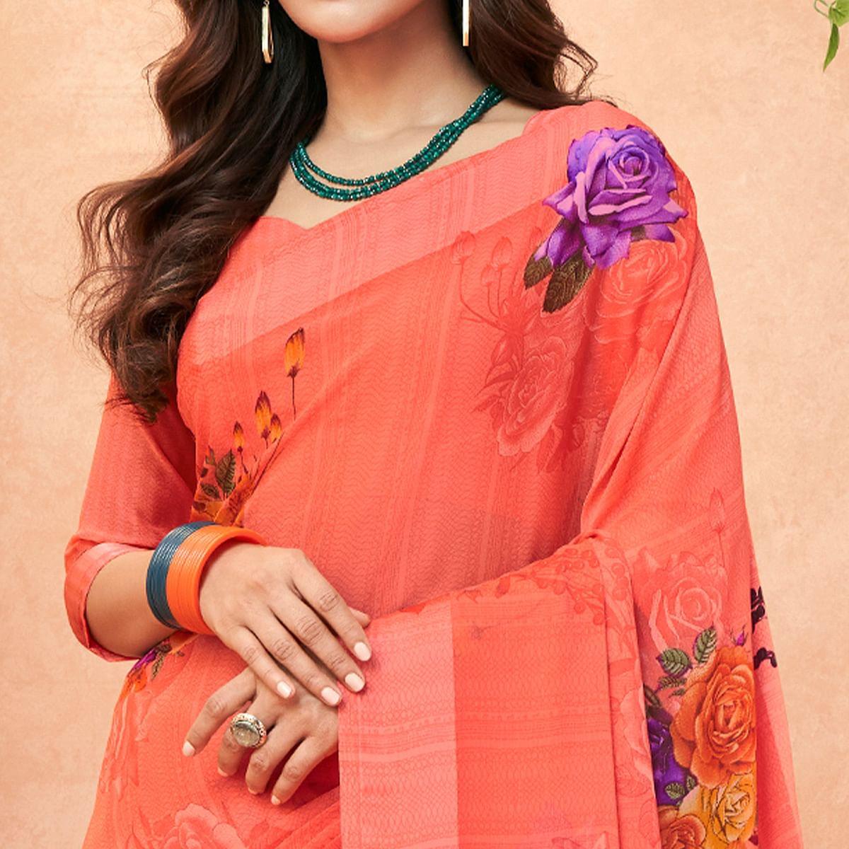 Peach Casual Wear Floral Printed Chiffon Saree - Peachmode