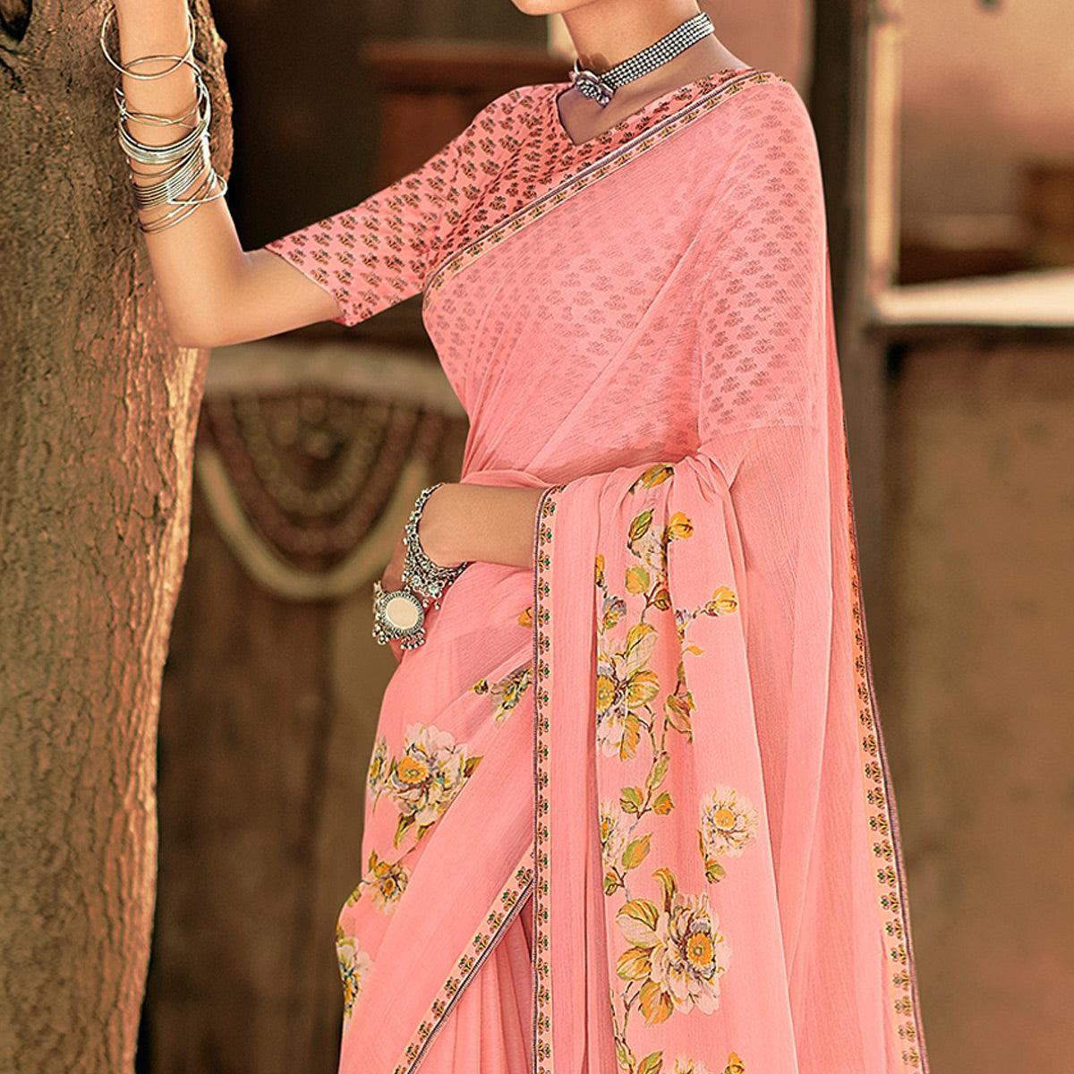 Peach Casual Wear Floral Printed Chiffon Saree With Fancy Blouse - Peachmode