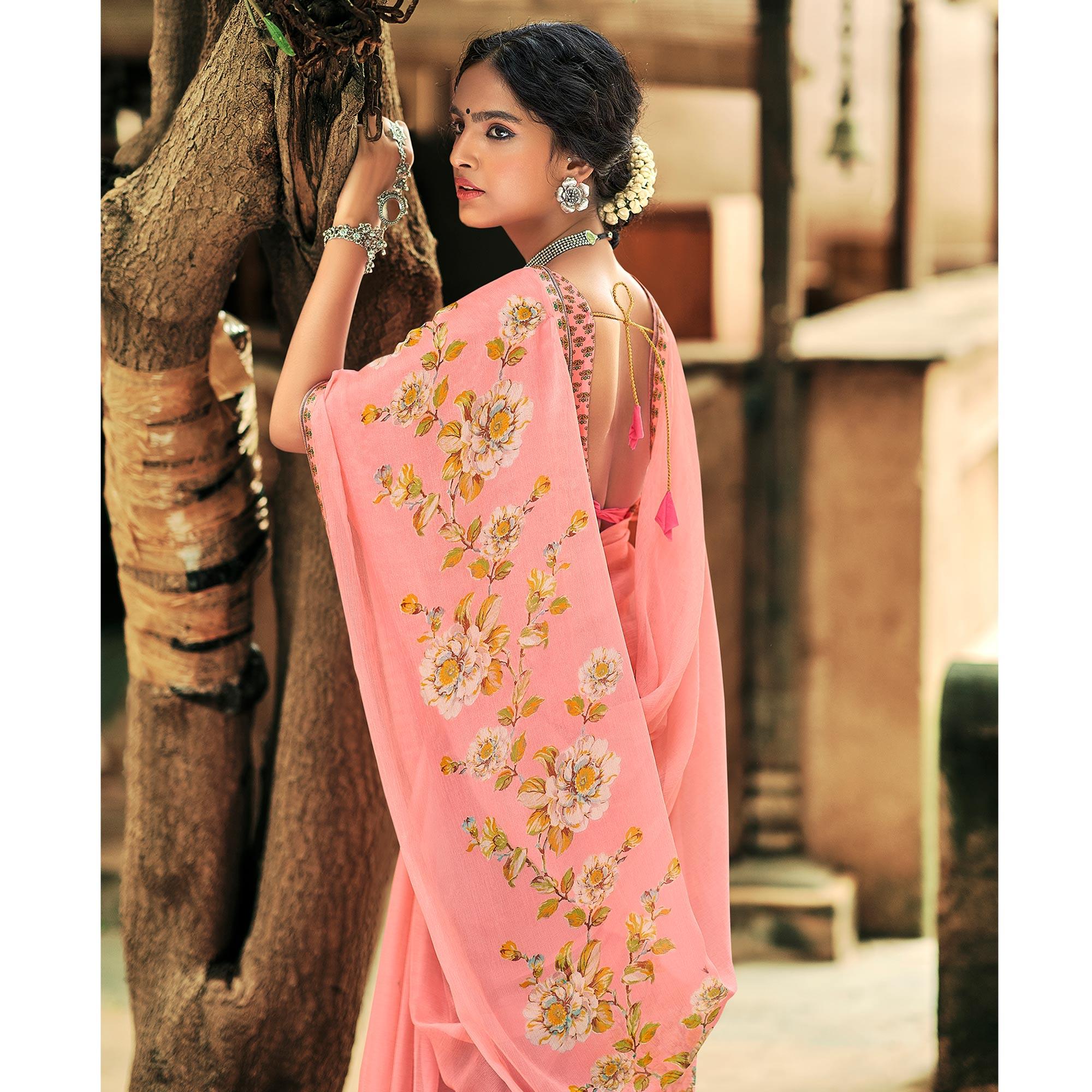 Peach Casual Wear Floral Printed Chiffon Saree With Fancy Blouse - Peachmode