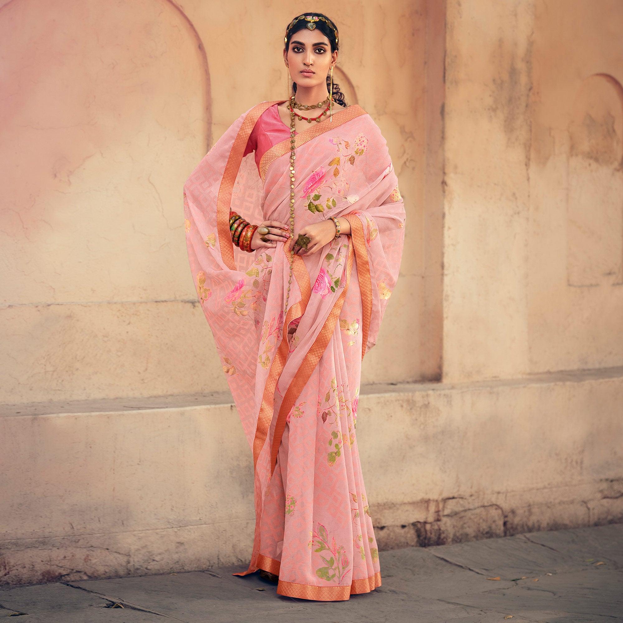 Peach Casual Wear Floral Printed Chiffon Saree With Fancy Lace - Peachmode
