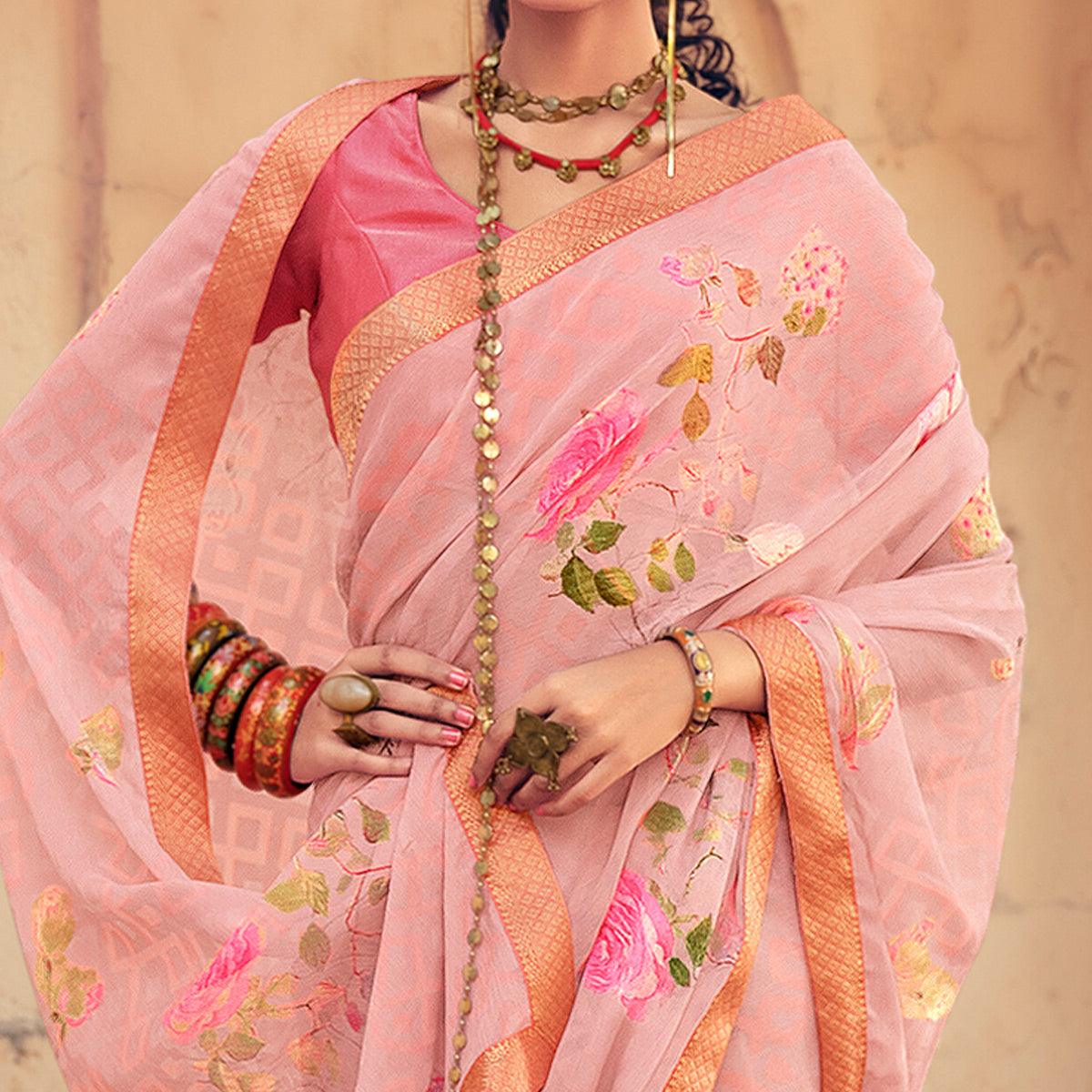 Peach Casual Wear Floral Printed Chiffon Saree With Fancy Lace - Peachmode