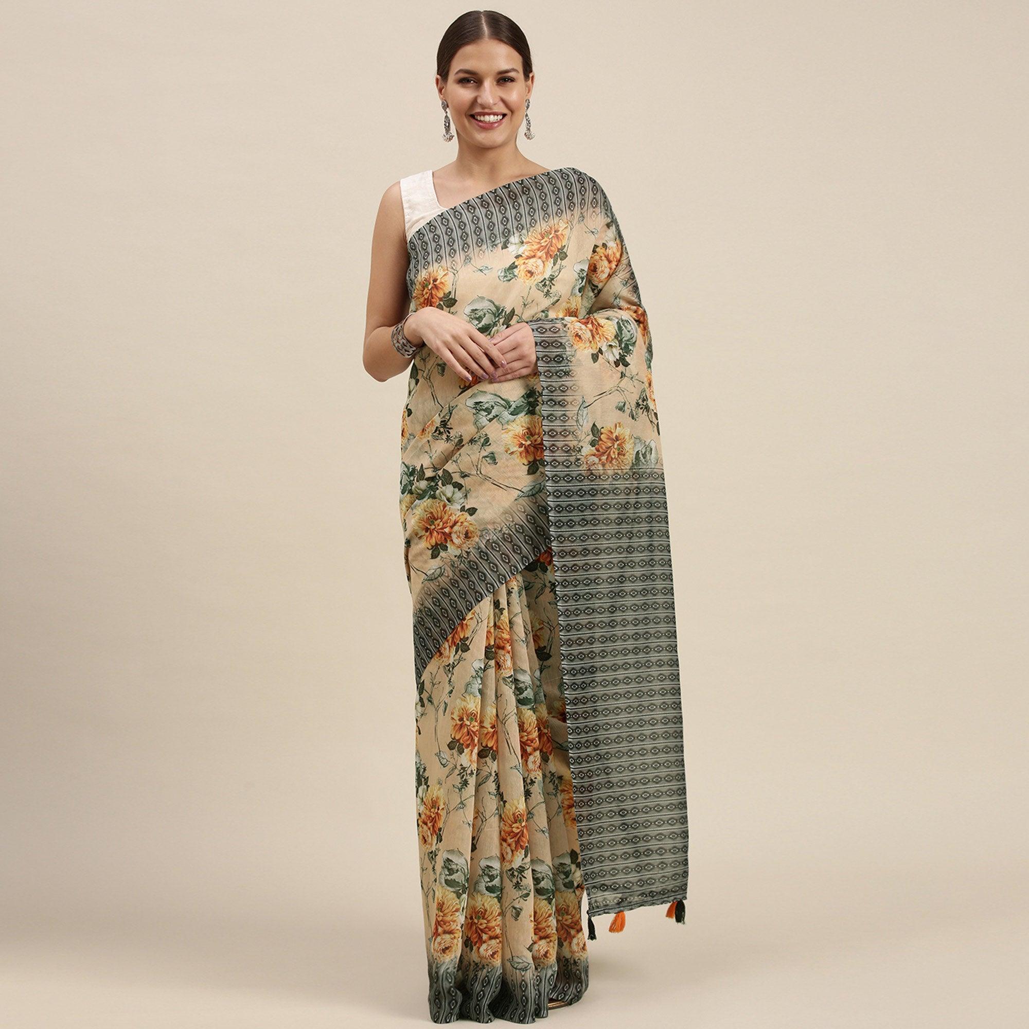 Peach Casual Wear Floral Printed Cotton Blend Saree With Tassels - Peachmode