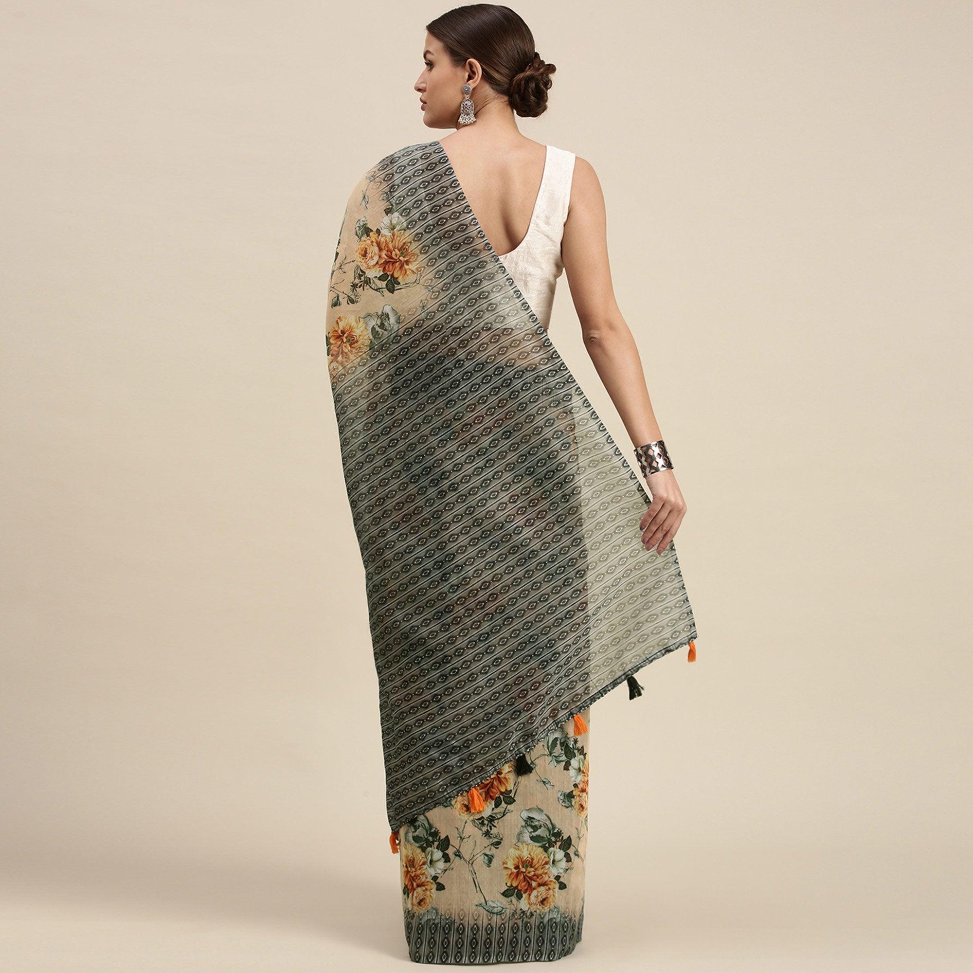 Peach Casual Wear Floral Printed Cotton Blend Saree With Tassels - Peachmode