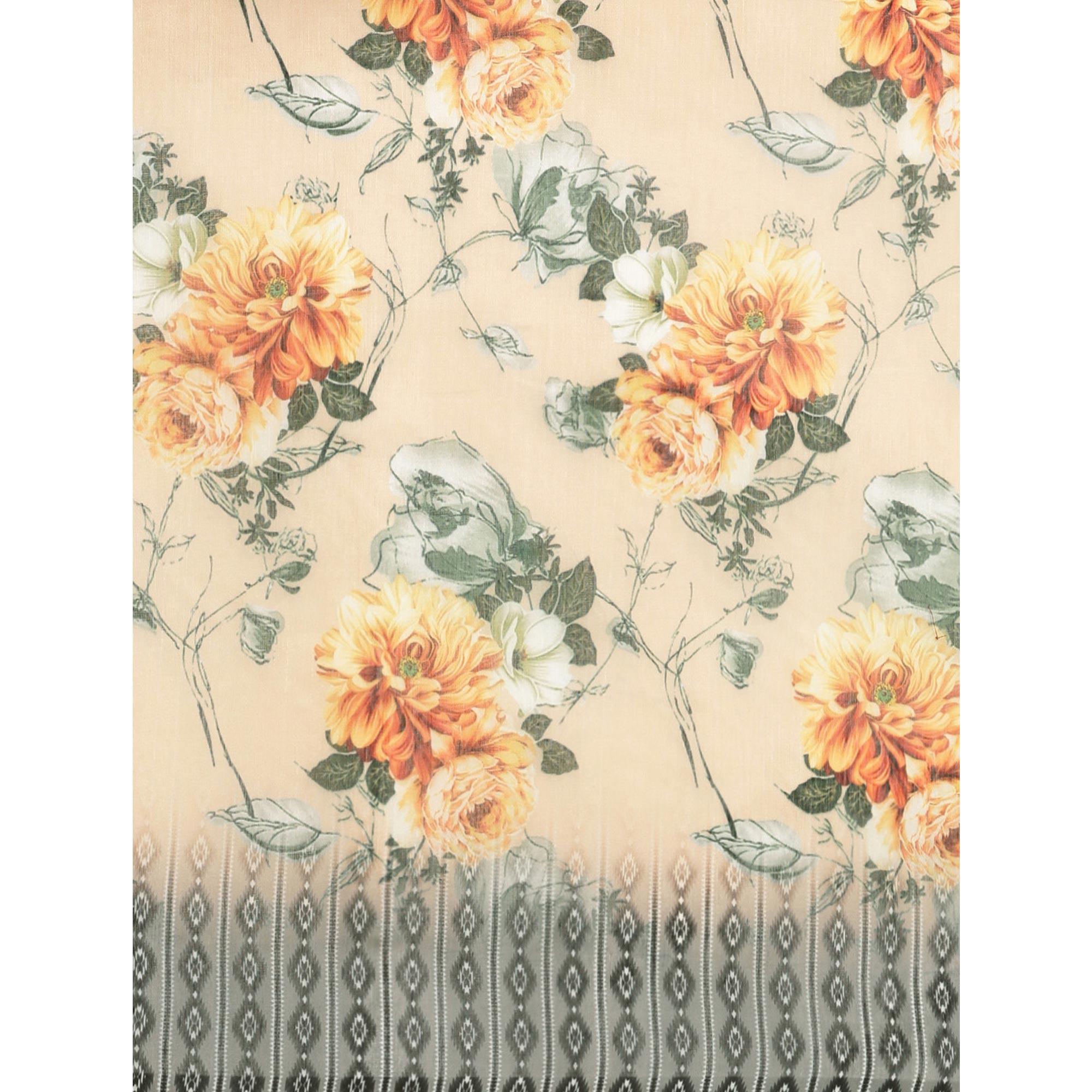 Peach Casual Wear Floral Printed Cotton Blend Saree With Tassels - Peachmode