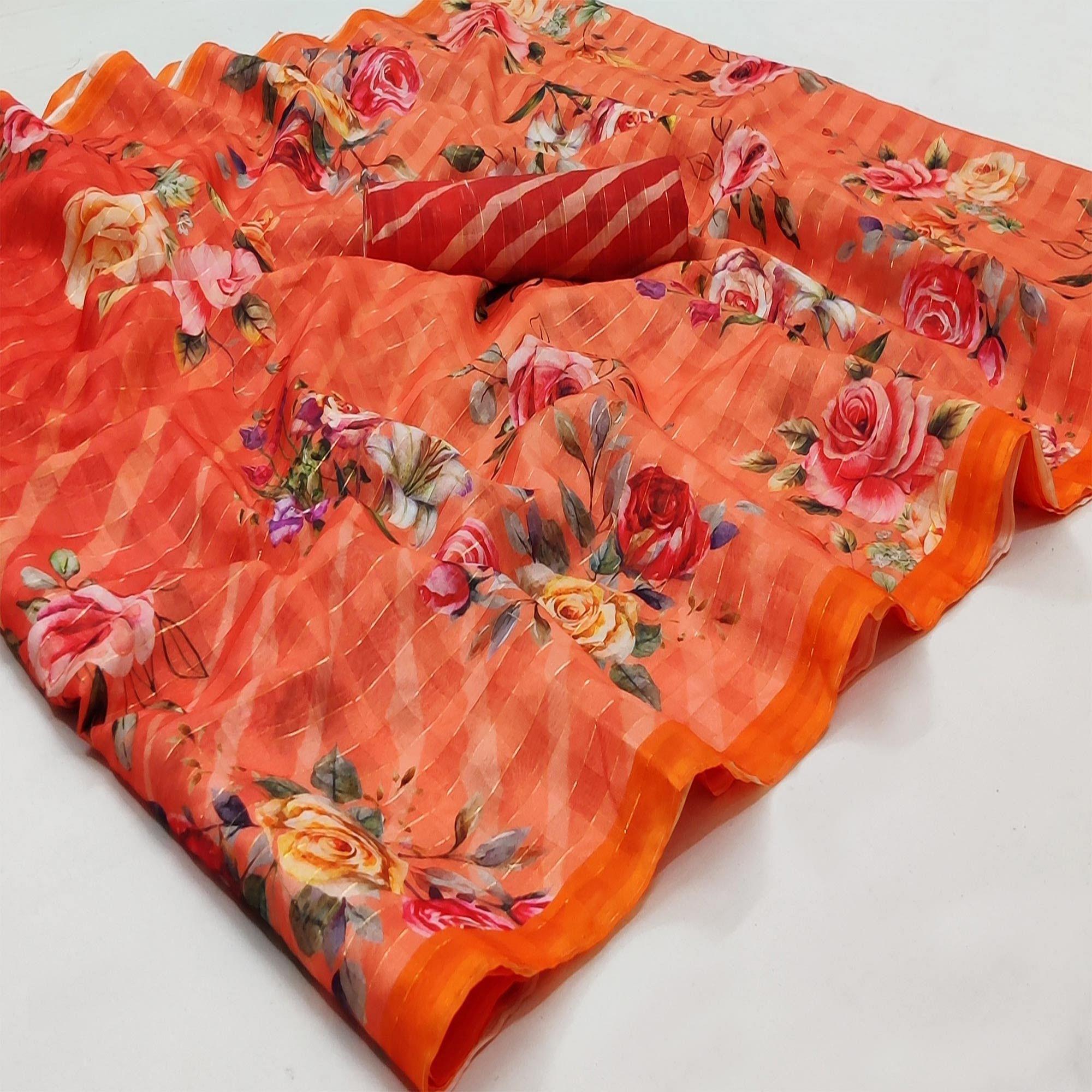 Peach Casual Wear Floral Printed Cotton Silk Saree - Peachmode