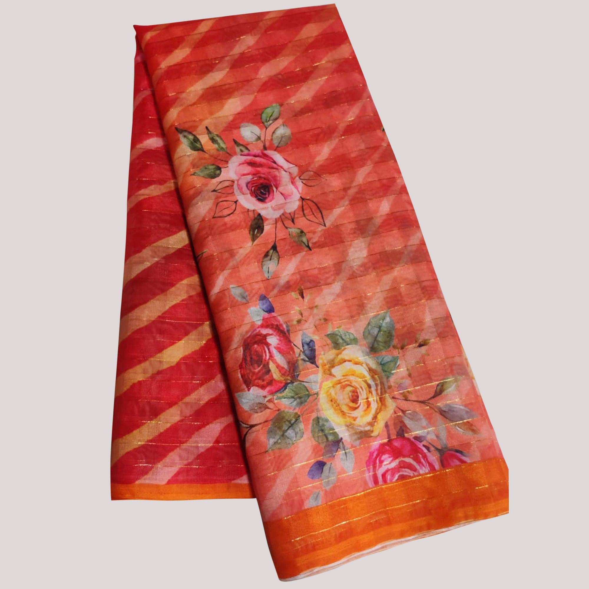 Peach Casual Wear Floral Printed Cotton Silk Saree - Peachmode