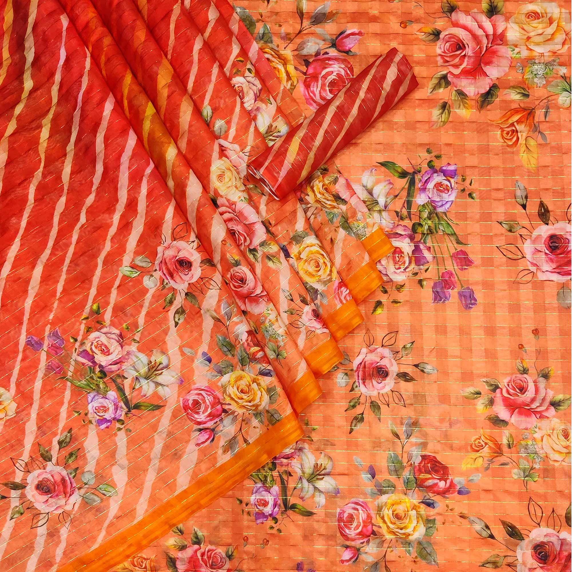Peach Casual Wear Floral Printed Cotton Silk Saree - Peachmode