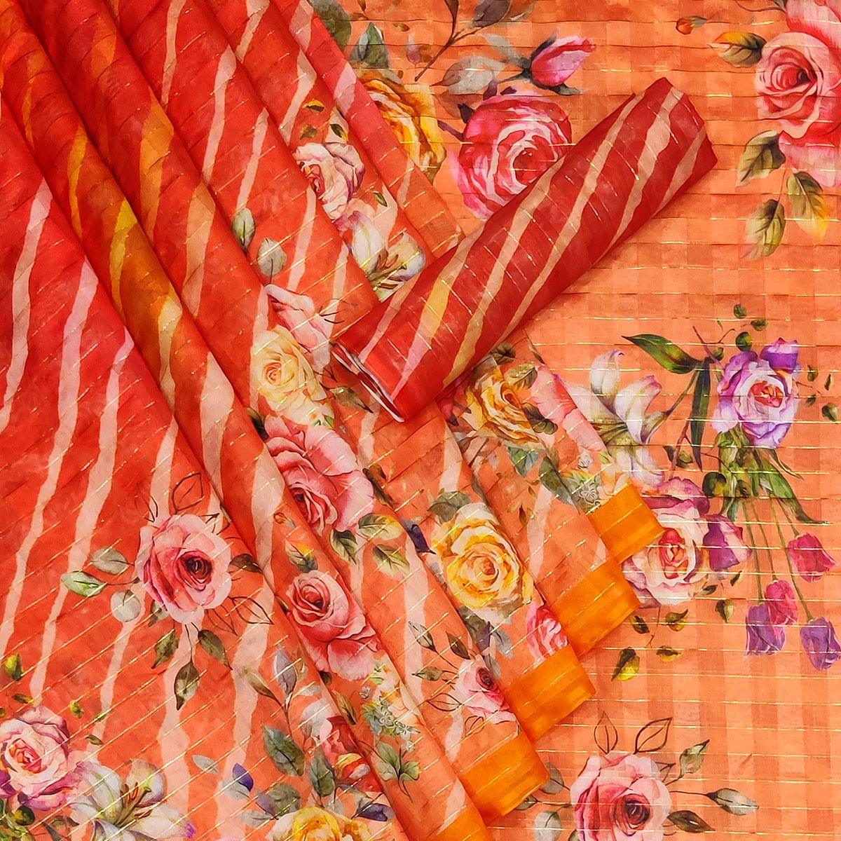 Peach Casual Wear Floral Printed Cotton Silk Saree - Peachmode