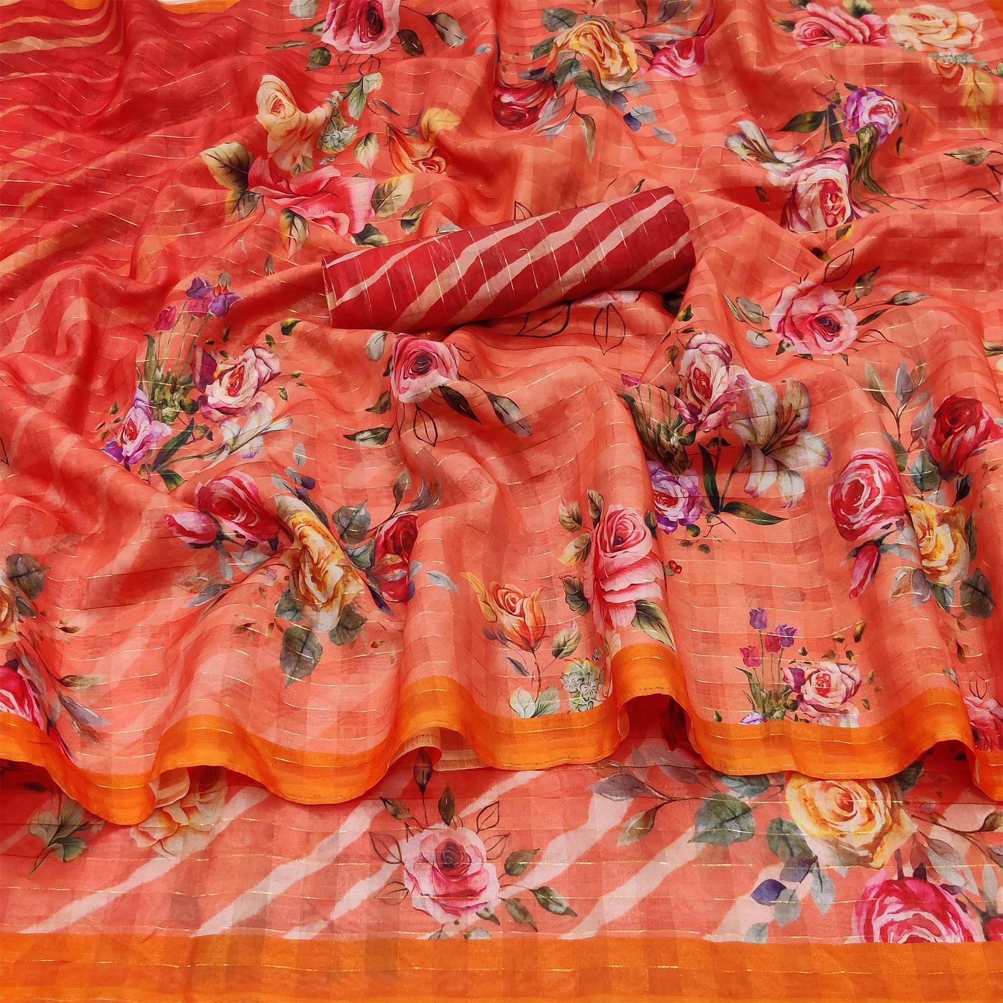 Peach Casual Wear Floral Printed Cotton Silk Saree - Peachmode