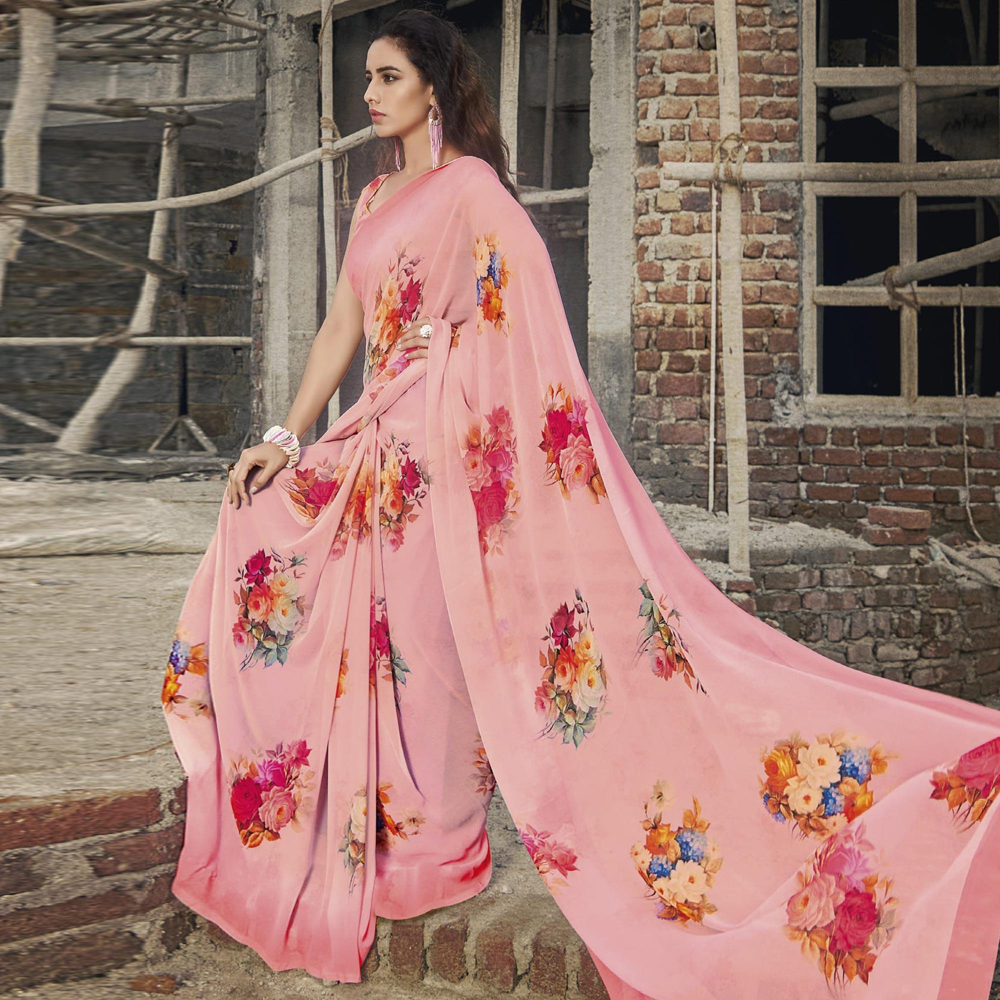 Peach Casual Wear Floral Printed Georgette Saree - Peachmode