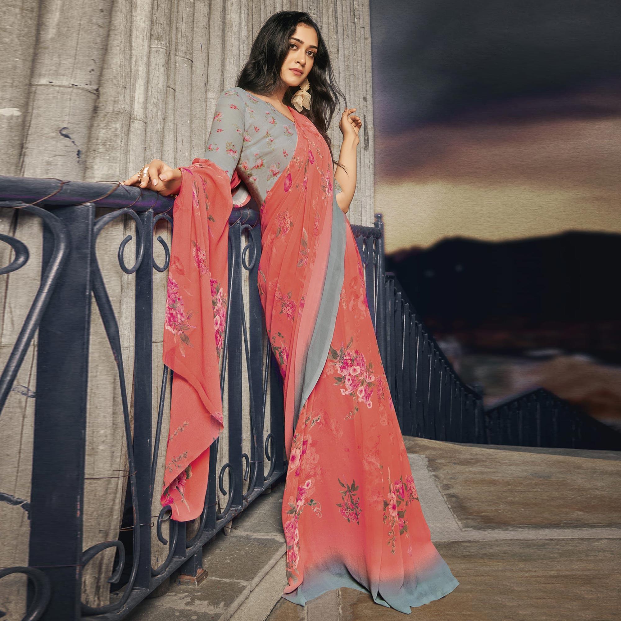 Peach Casual Wear Floral Printed Georgette Saree - Peachmode