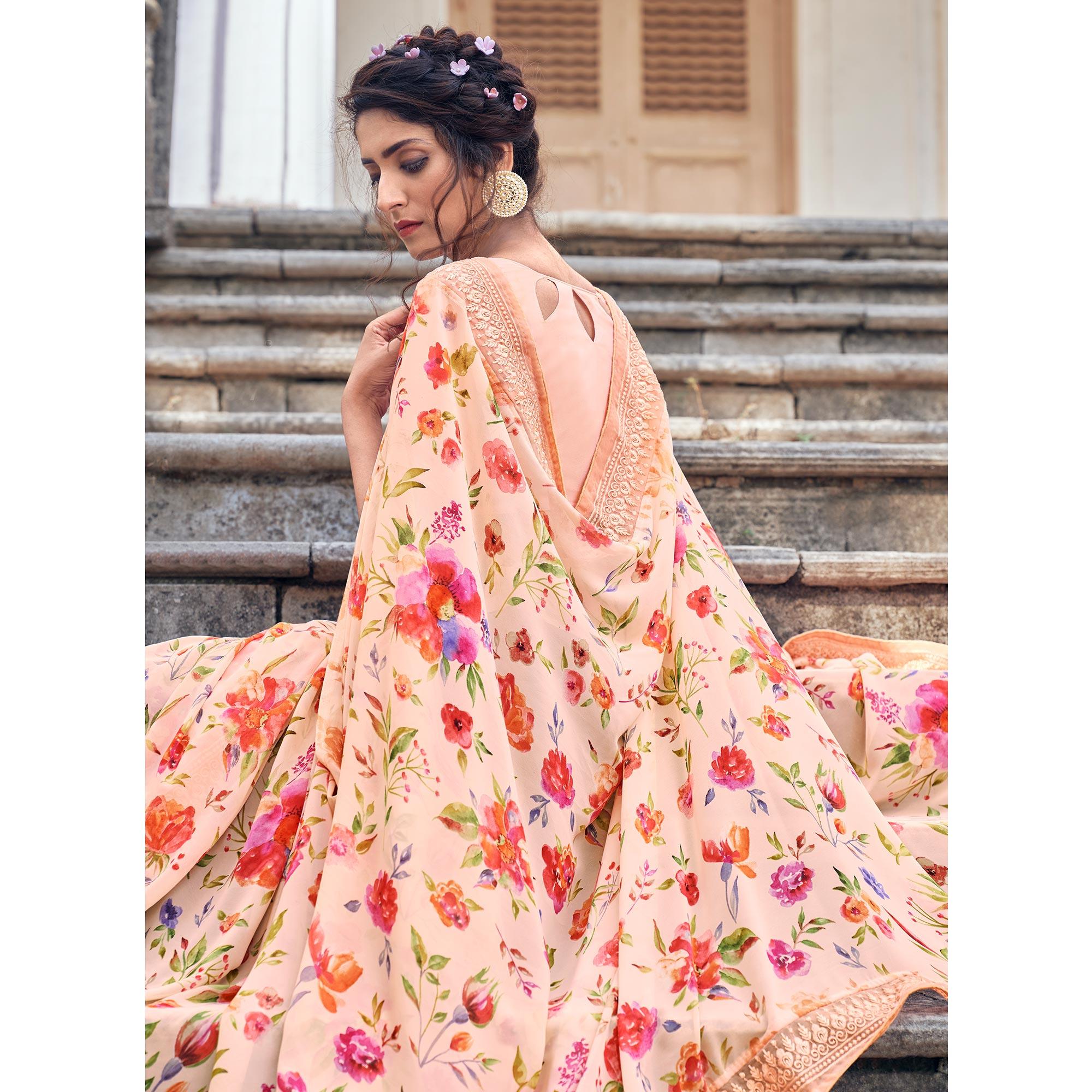 Peach Casual Wear Floral Printed Georgette Saree - Peachmode