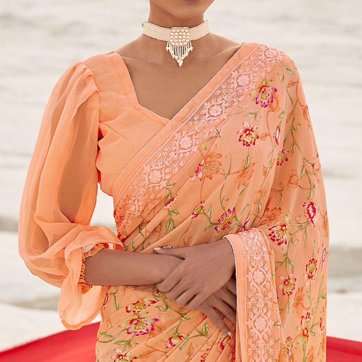 Peach Casual Wear Floral Printed Georgette Saree - Peachmode
