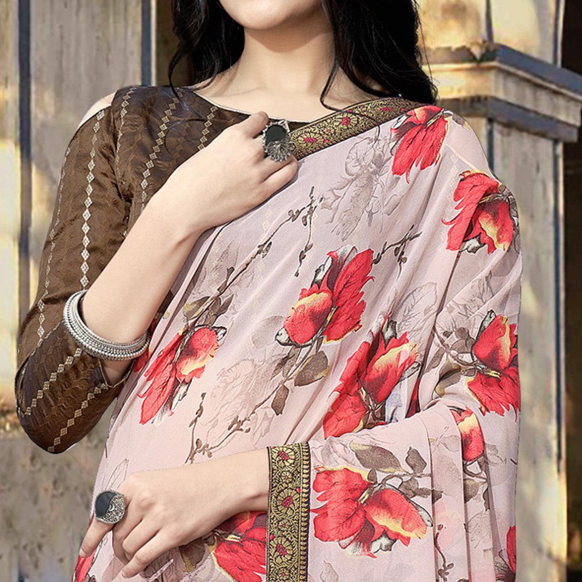 Peach Casual Wear Floral Printed Georgette Saree With Lace Border - Peachmode