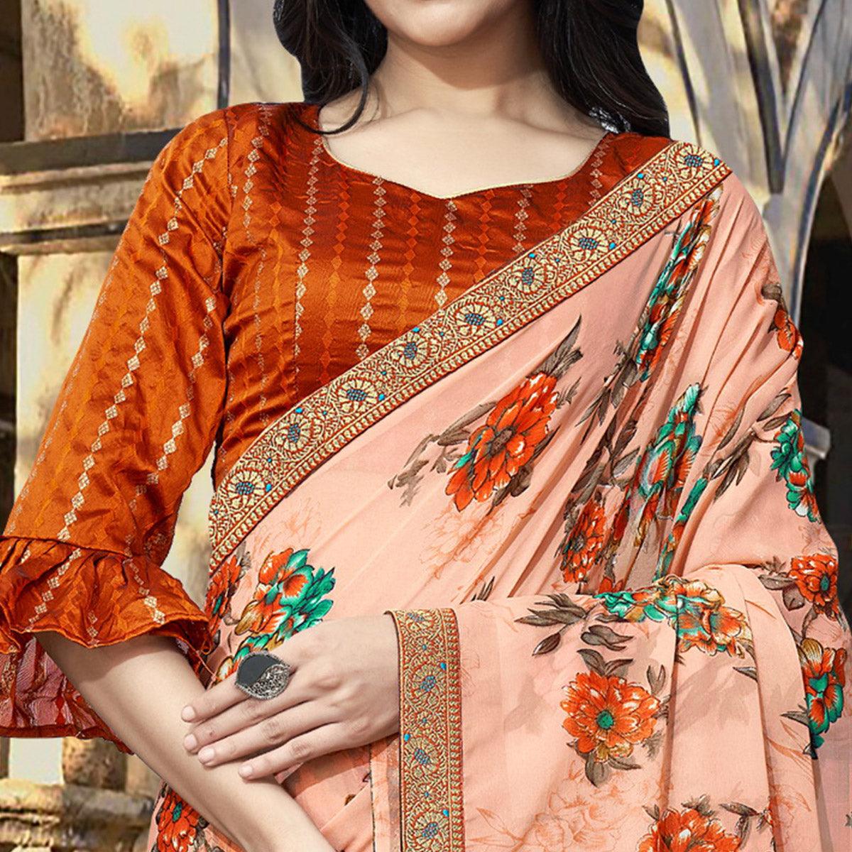 Peach Casual Wear Floral Printed Georgette Saree With Lace Border - Peachmode