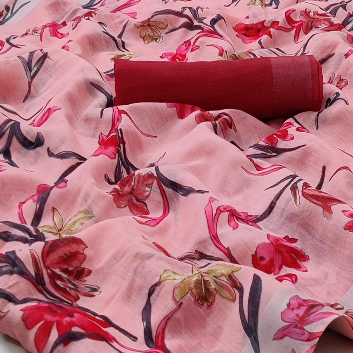 Peach Casual Wear Floral Printed Linen Saree With Silver Border - Peachmode