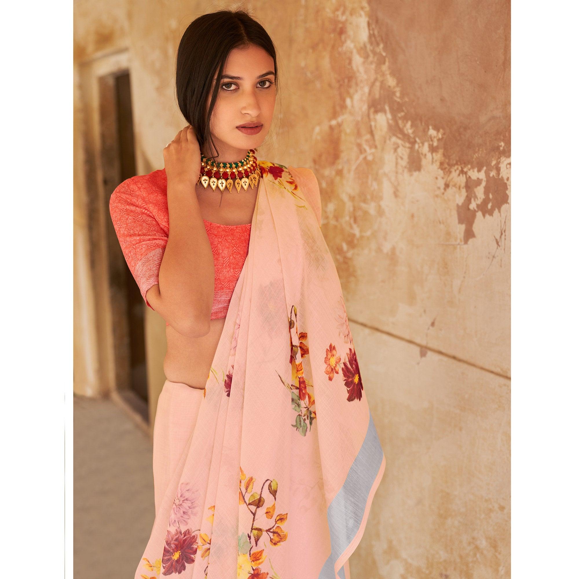 Peach Casual Wear Floral Printed Zari Border Soft Linen Cotton Saree - Peachmode