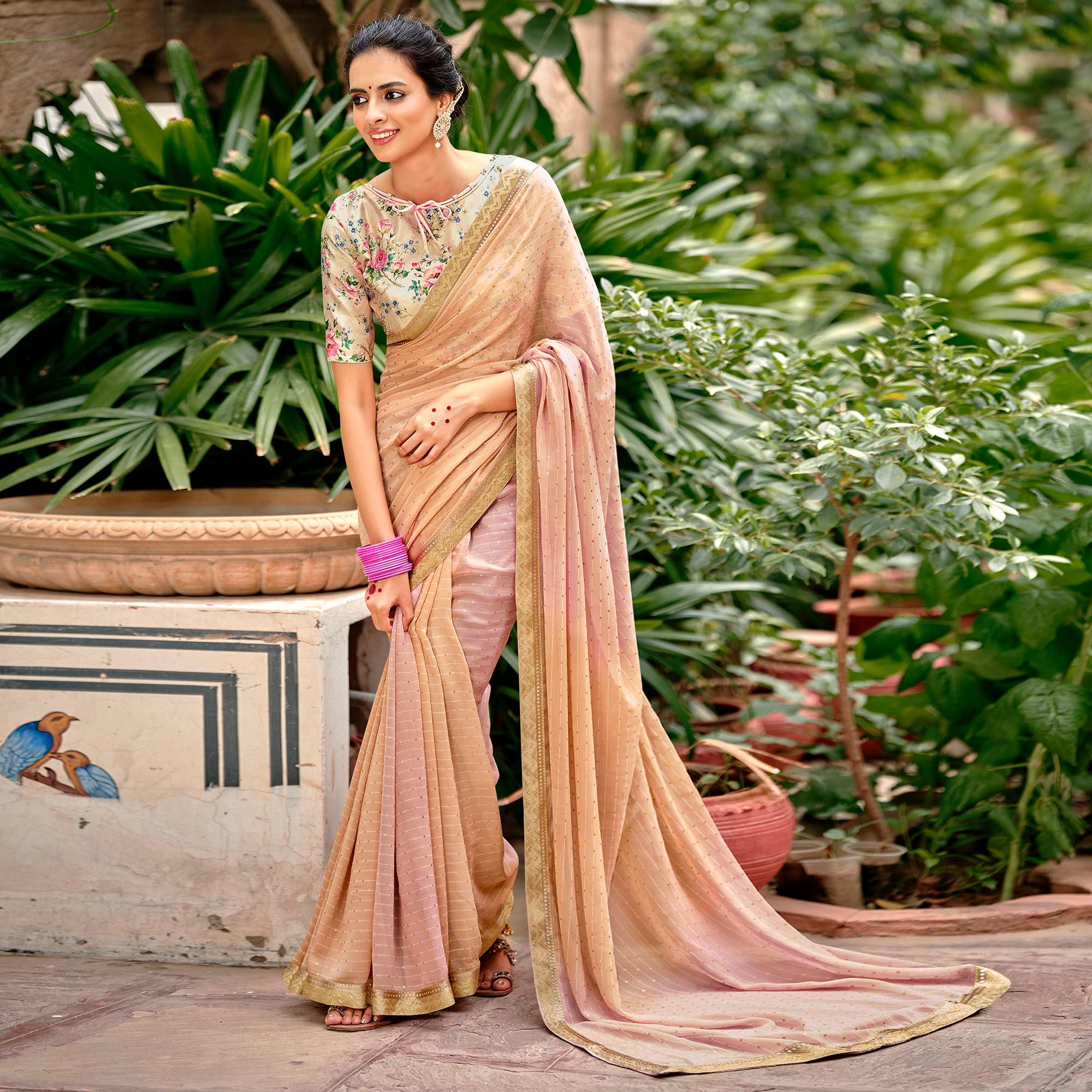 Peach Casual Wear Foil Printed Georgette Saree - Peachmode