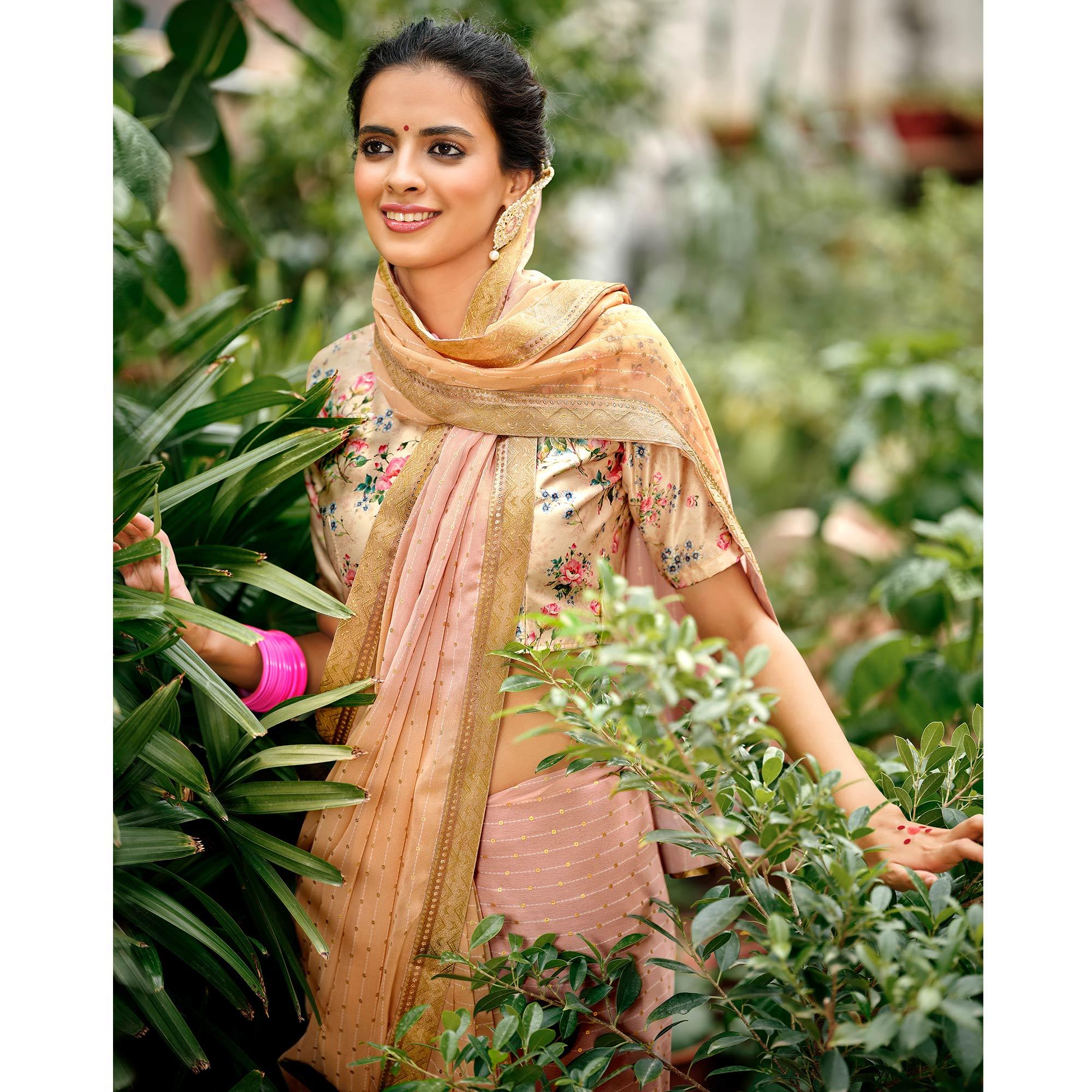 Peach Casual Wear Foil Printed Georgette Saree - Peachmode