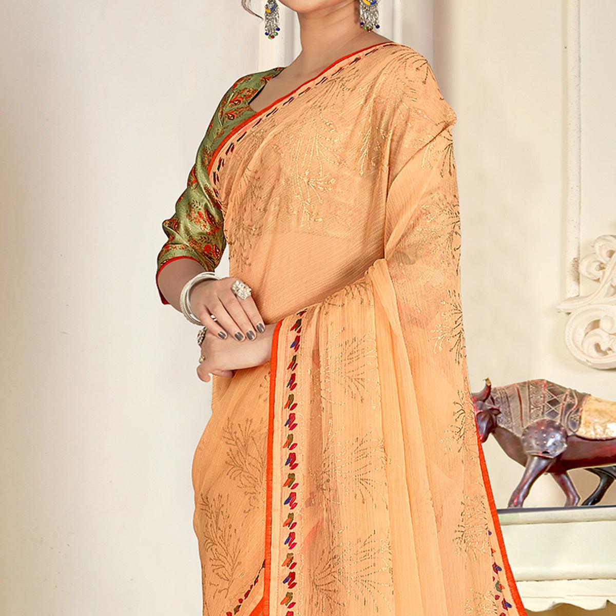 Peach Casual Wear Foil Printed Pure Chiffon Saree - Peachmode