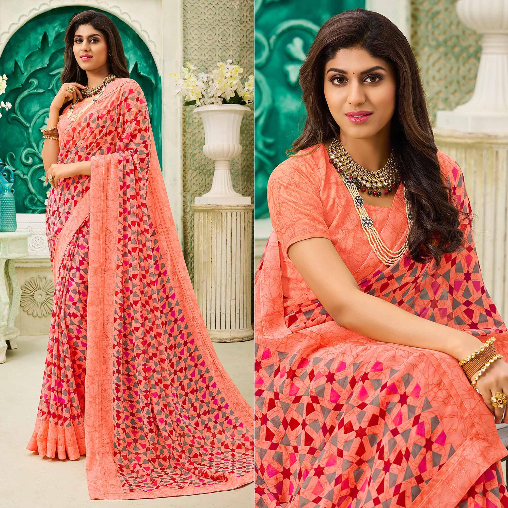 Peach Casual Wear Geometric Printed Georgette Saree - Peachmode