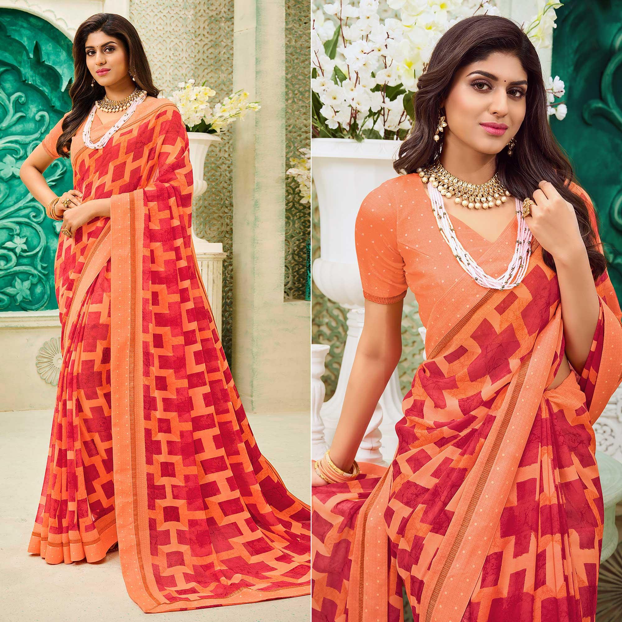 Peach Casual Wear Geometric Printed Georgette Saree - Peachmode