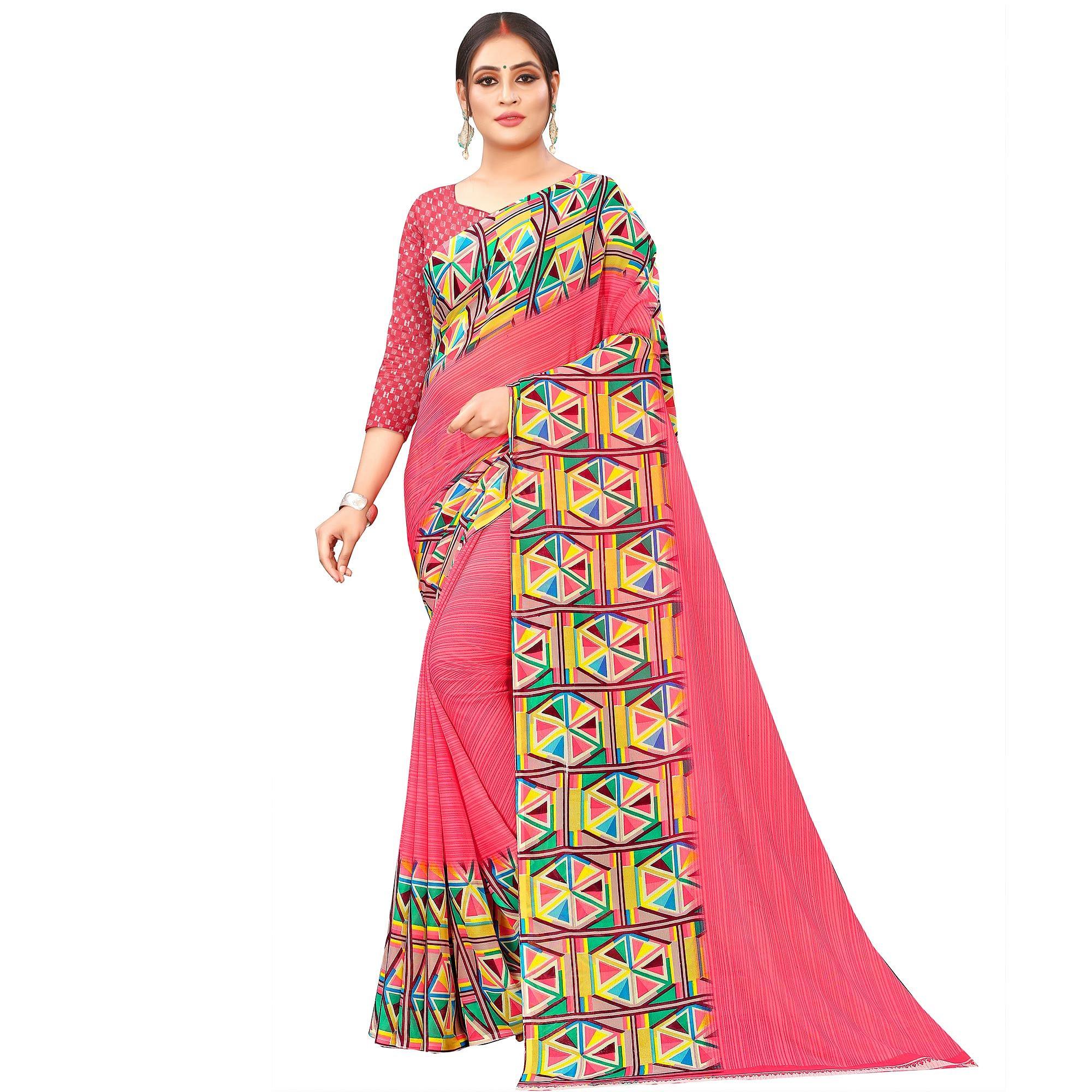 Peach Casual Wear Geometric Printed Georgette Saree - Peachmode