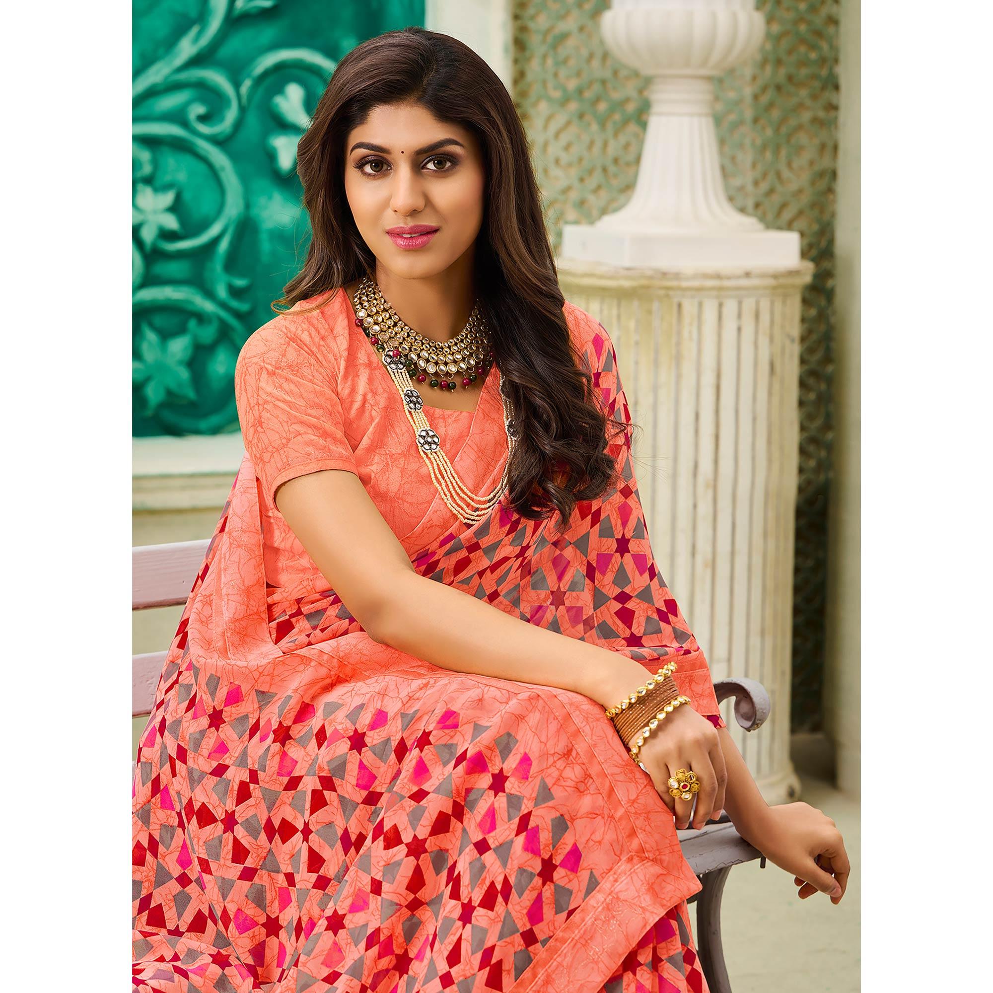 Peach Casual Wear Geometric Printed Georgette Saree - Peachmode