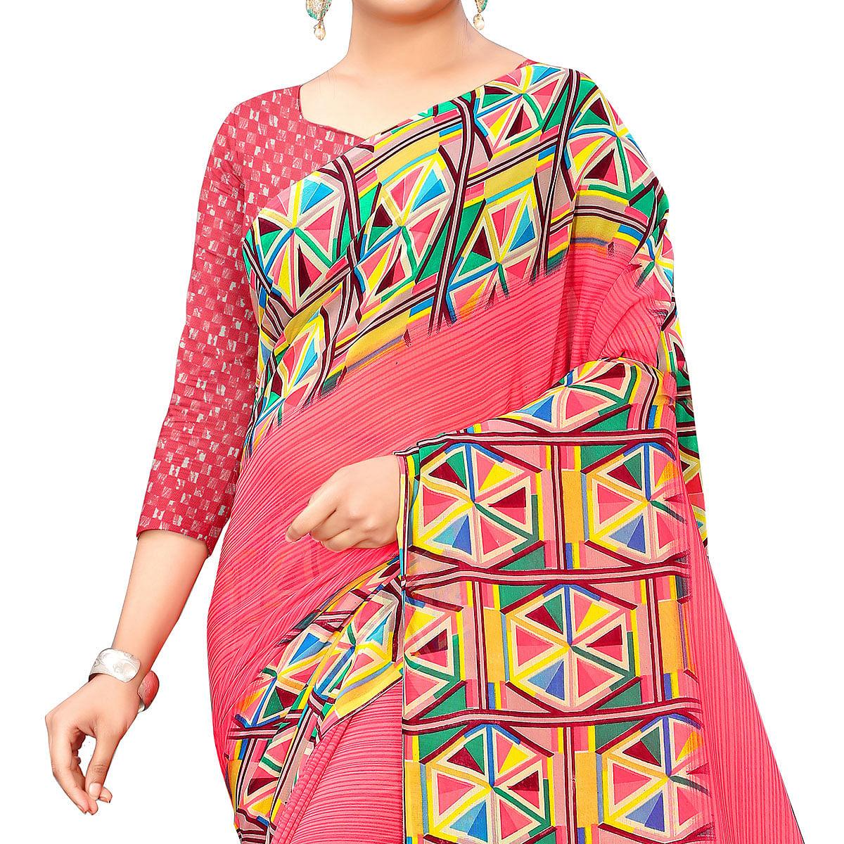 Peach Casual Wear Geometric Printed Georgette Saree - Peachmode